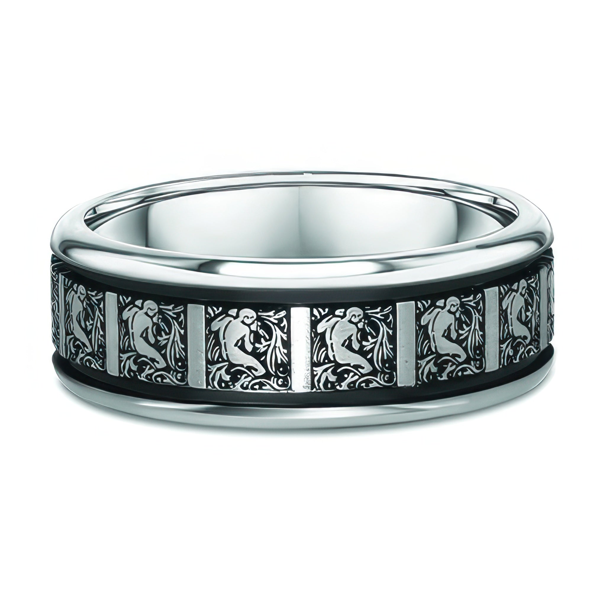 Men's 8mm White Gold Engraved Figures Wedding Band featuring intricate engravings and polished accents.