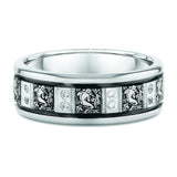 Men's 8mm White Gold and Diamond Engraved Figures Wedding Band featuring intricate designs and diamonds.
