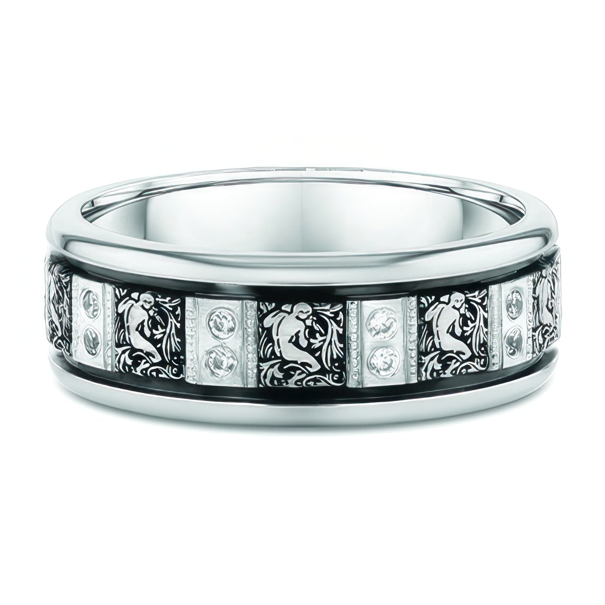 Men's 8mm White Gold and Diamond Engraved Figures Wedding Band featuring intricate designs and diamonds.