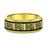 Men’s 8mm Engraved Yellow Gold Wedding Band with intricate vine engraving and polished edges.