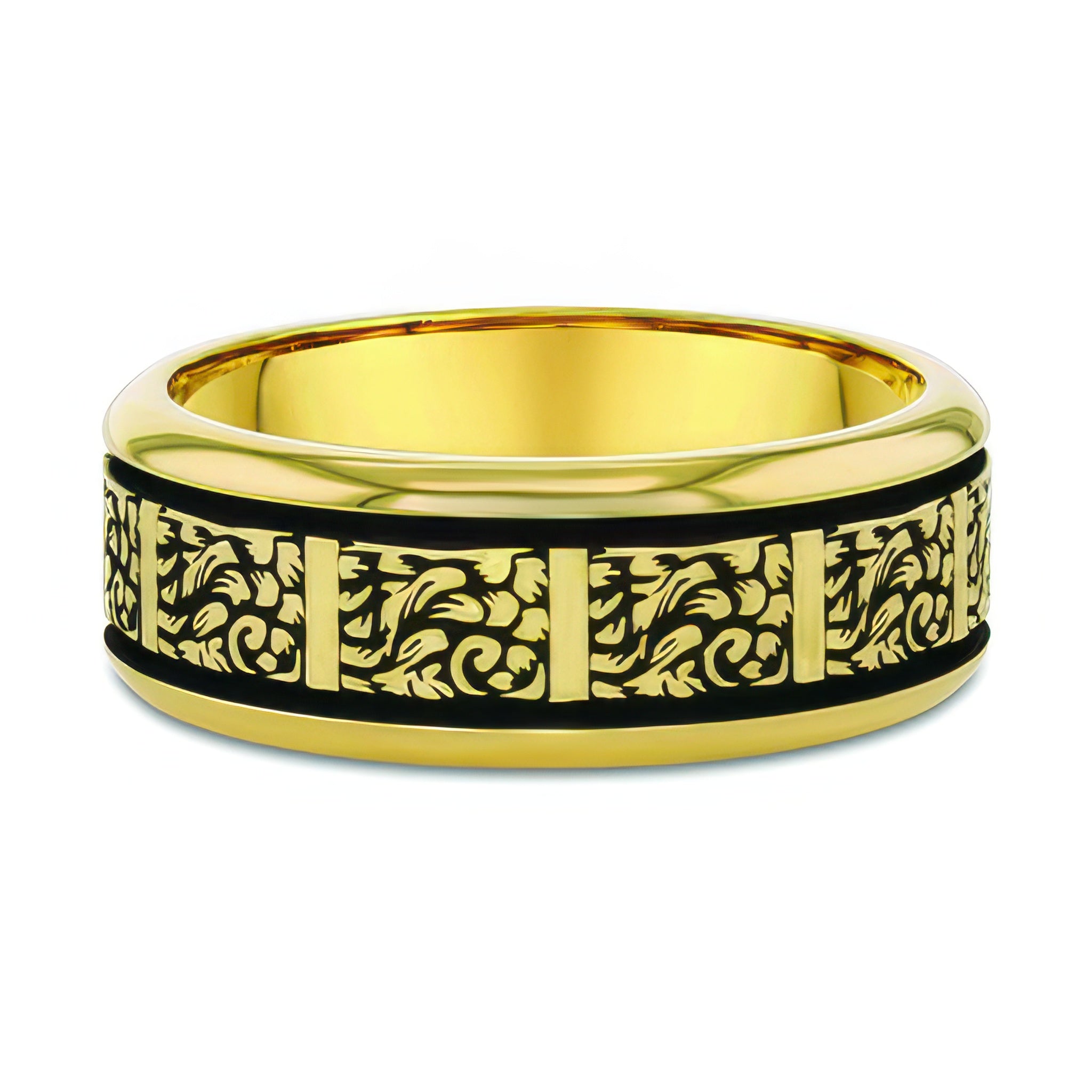 Men’s 8mm Engraved Yellow Gold Wedding Band with intricate vine engraving and polished edges.