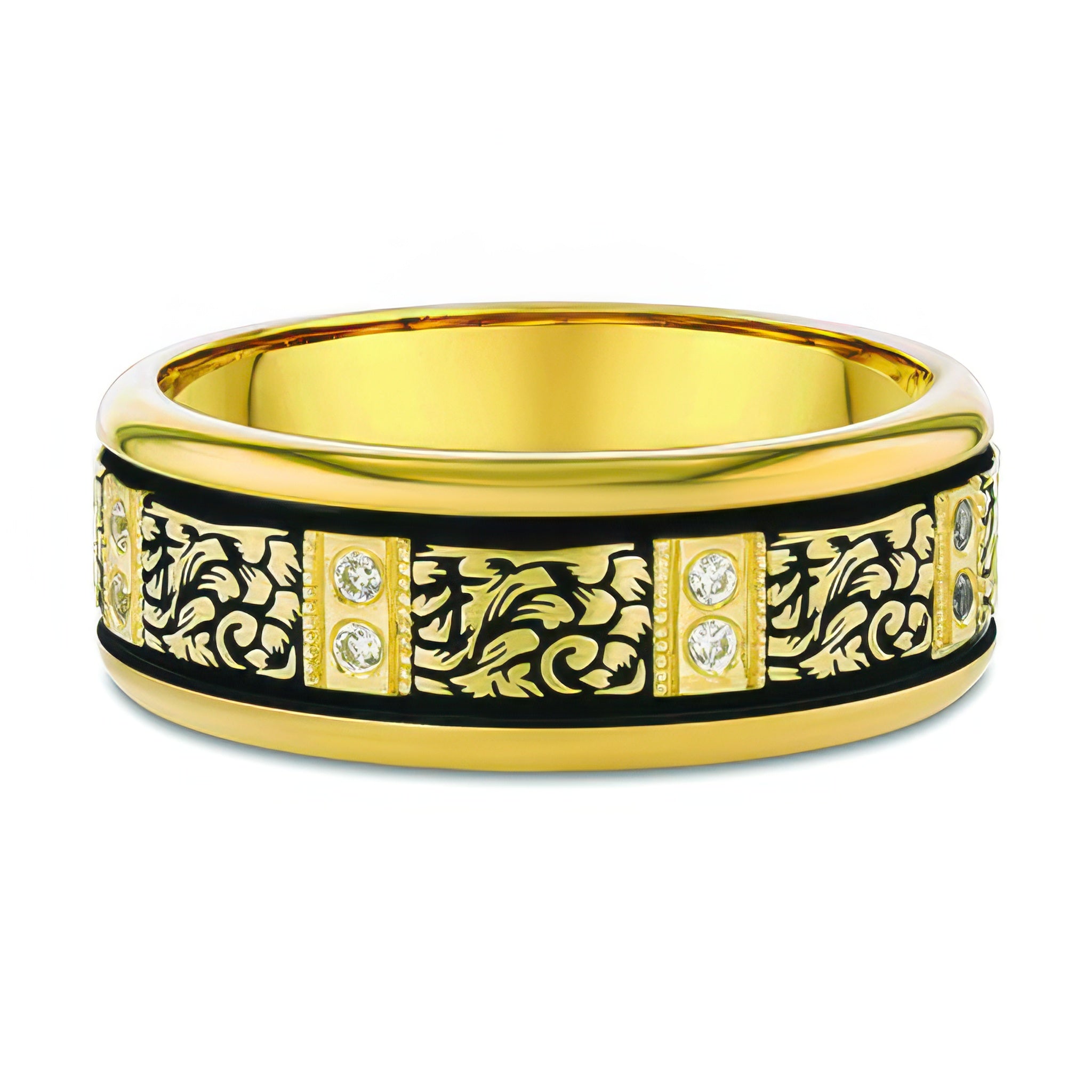 Men’s 8mm Engraved Yellow Gold and Diamond Wedding Band featuring intricate vine engraving and white diamonds.