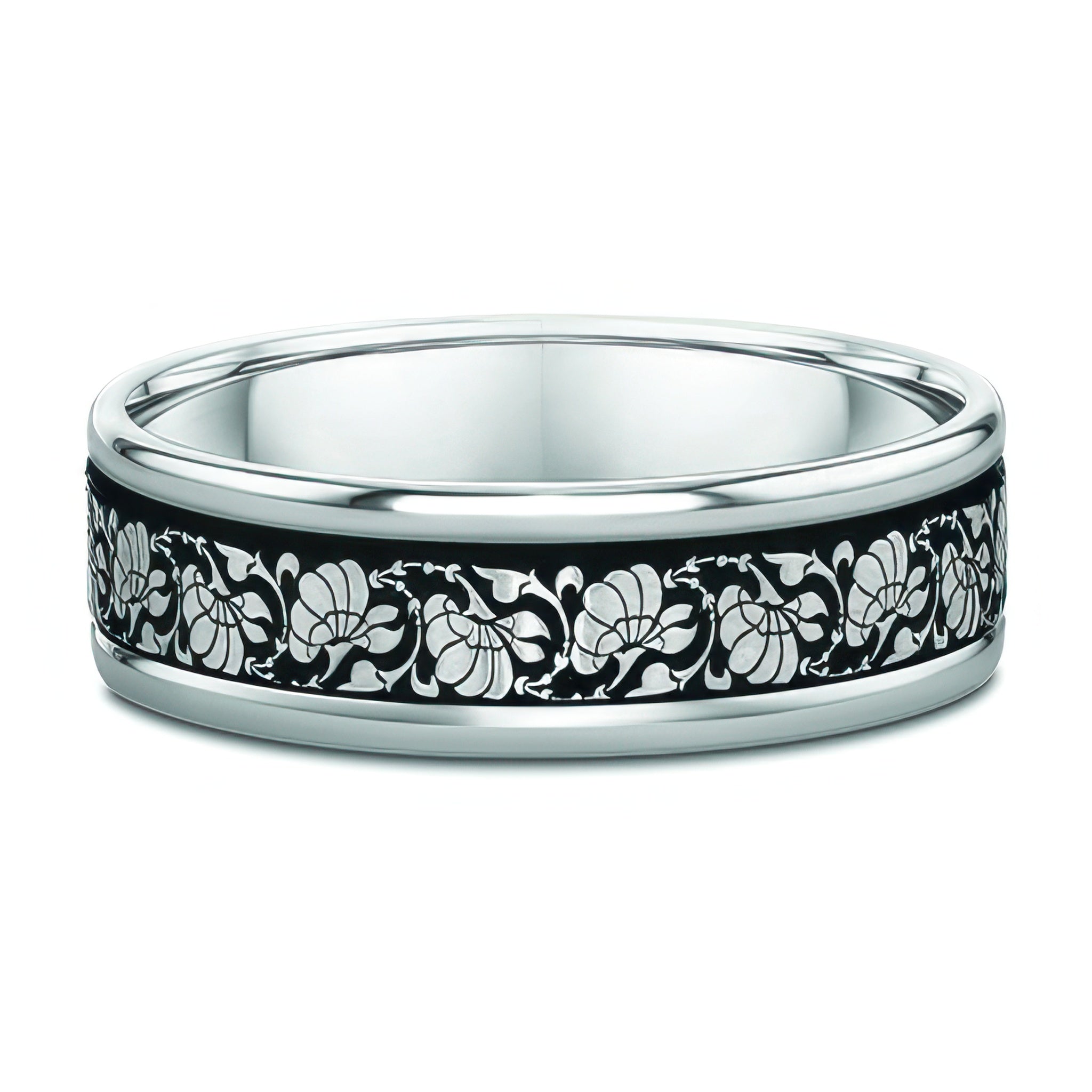 7mm Men's White Gold Floral Wedding Band featuring intricate floral detailing in lustrous white gold.