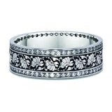 7mm Men's White Gold and Diamond Floral Wedding Band featuring intricate floral design and brilliant diamonds.