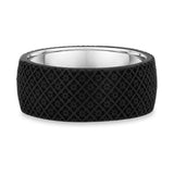 8mm Vintage Floral Carved Carbon Fiber And Gold Wedding Band featuring a unique black floral pattern and polished interior.