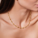 Gold teardrop necklace on a model's neck