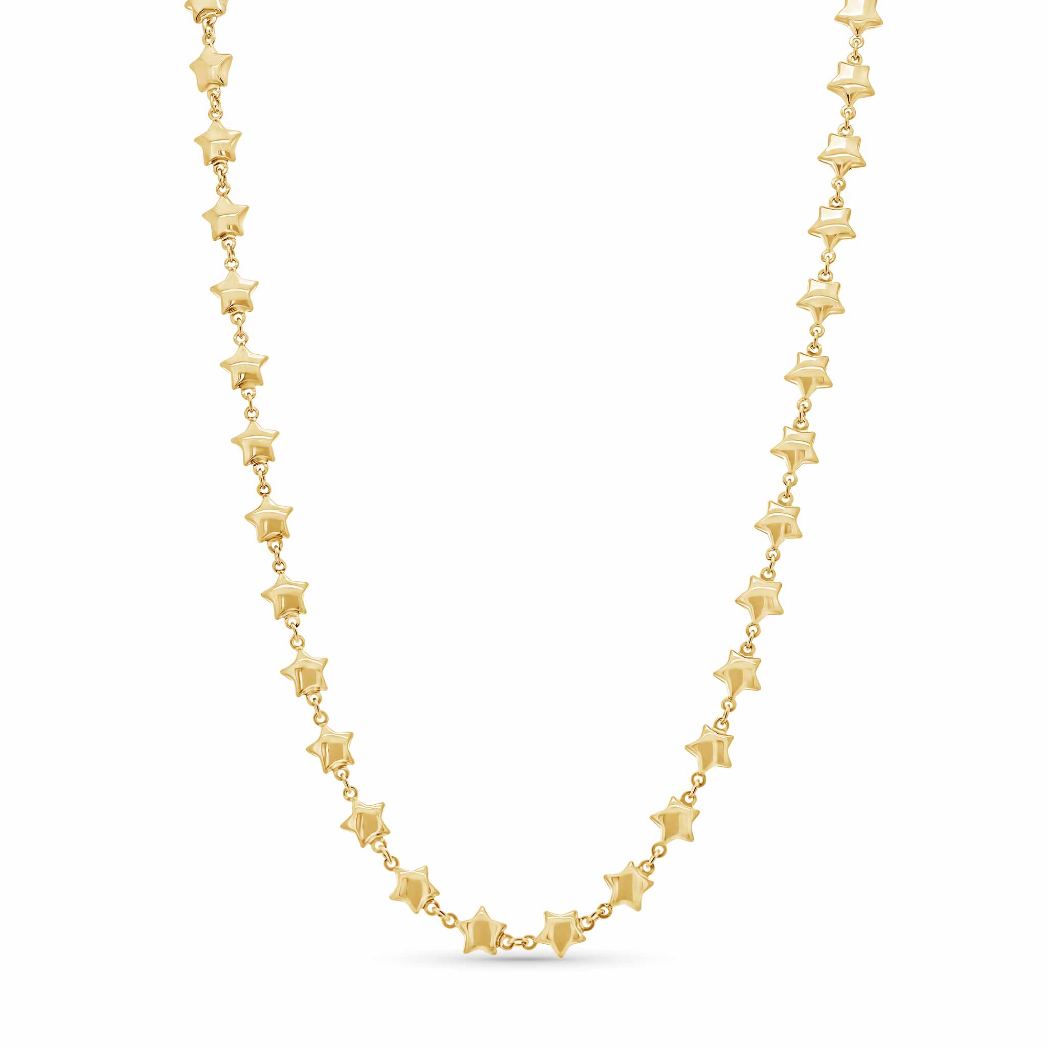 Gold necklace with star-shaped links on a white background