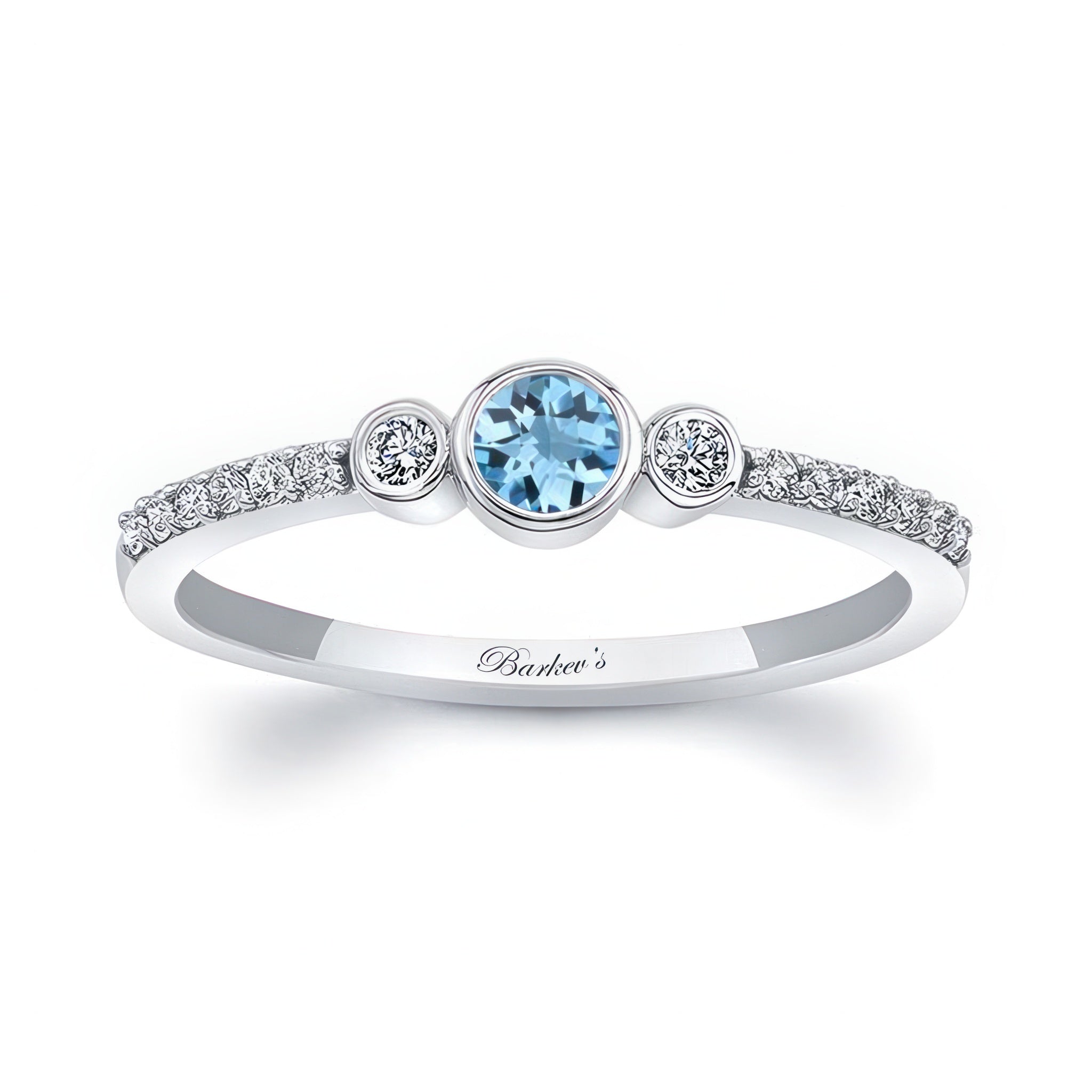 Mia Aquamarine three stone diamond promise ring featuring a central aquamarine and diamond accents.