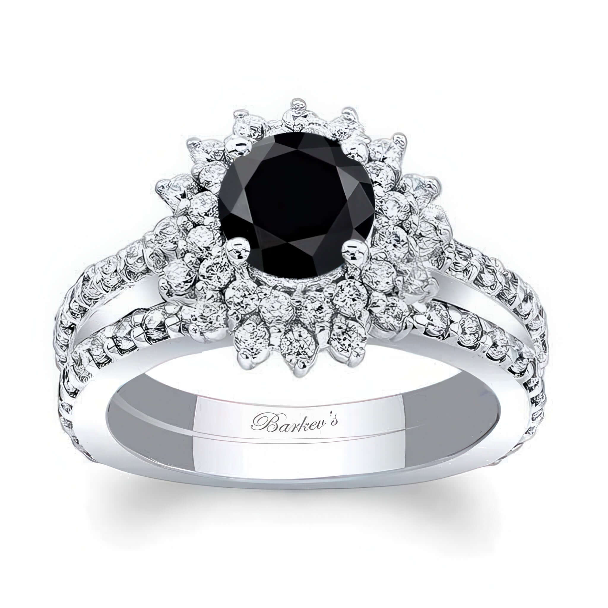 Black And White Diamond Sunflower Bridal Set with black center diamond and halo diamonds.