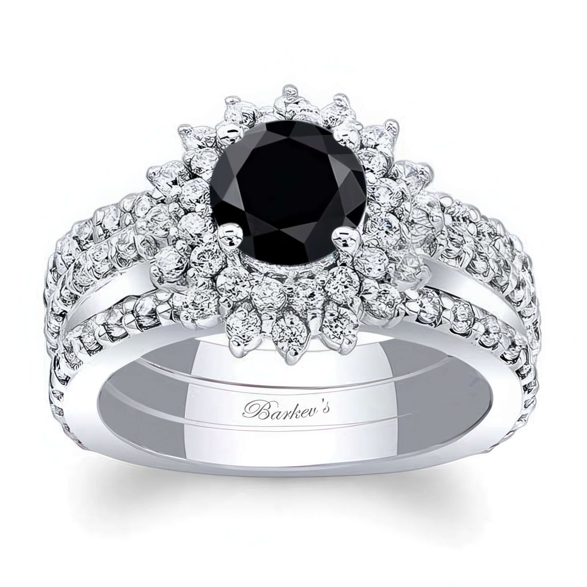 Black And White Diamond Sunflower Bridal Set With 2 Bands featuring a prong set black diamond and halo diamonds.