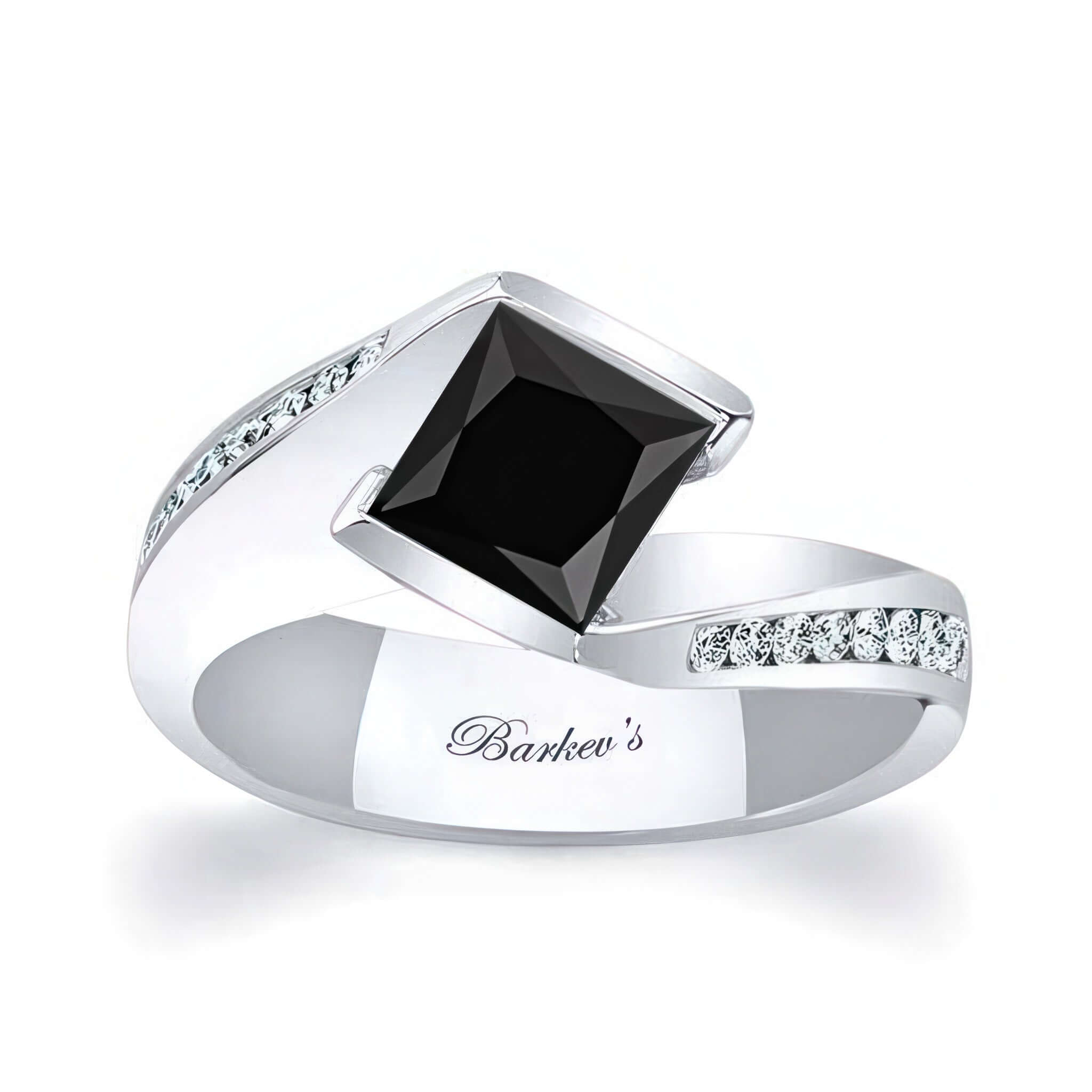 1 Carat Princess Cut Black And White Diamond Bypass Ring showcasing a black princess cut diamond and pave accents.