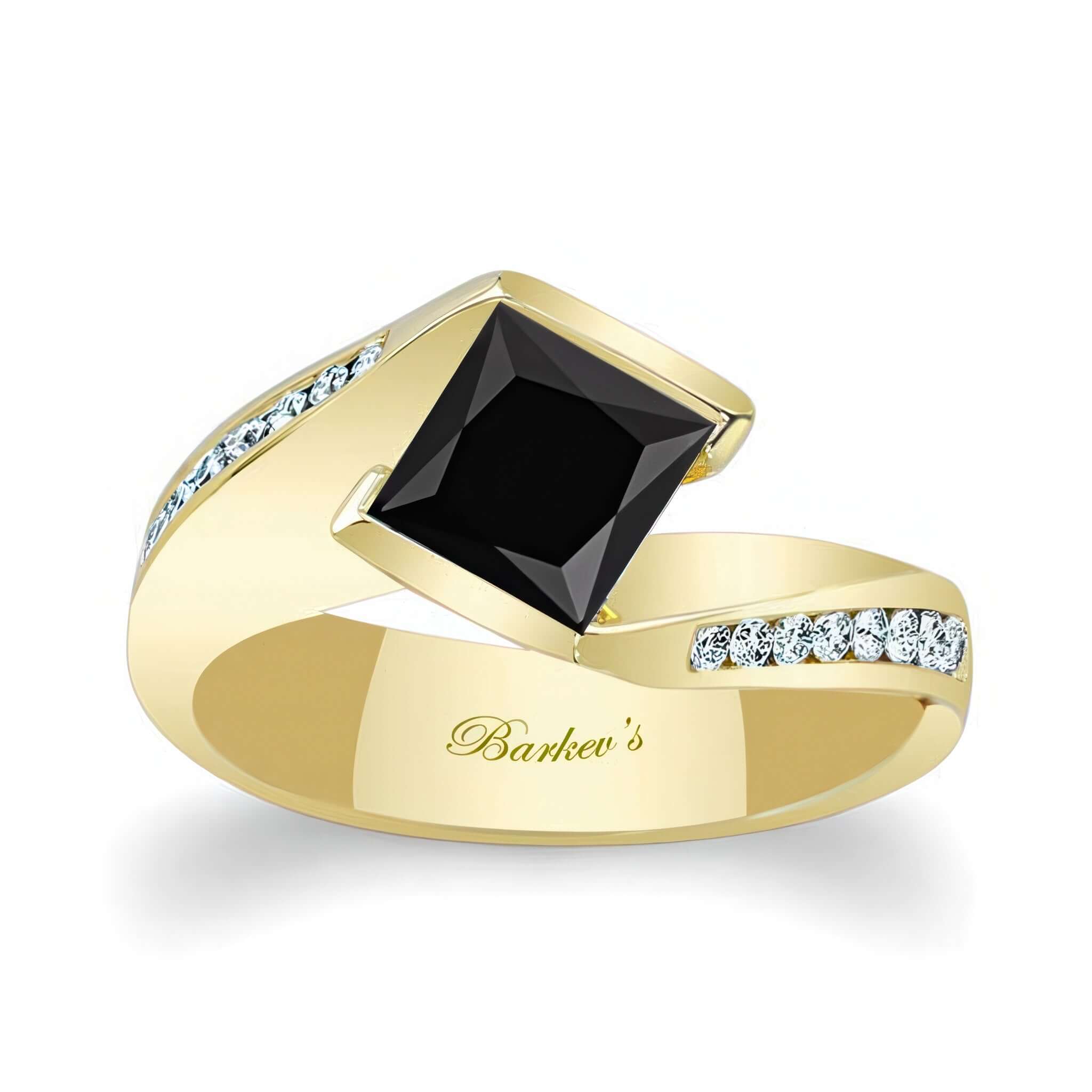 1 Carat Princess Cut Black And White Diamond Bypass Ring featuring a black princess cut diamond in gold setting.