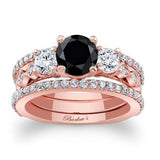 Vintage 3 Stone Black And White Diamond Ring Set With 2 Bands