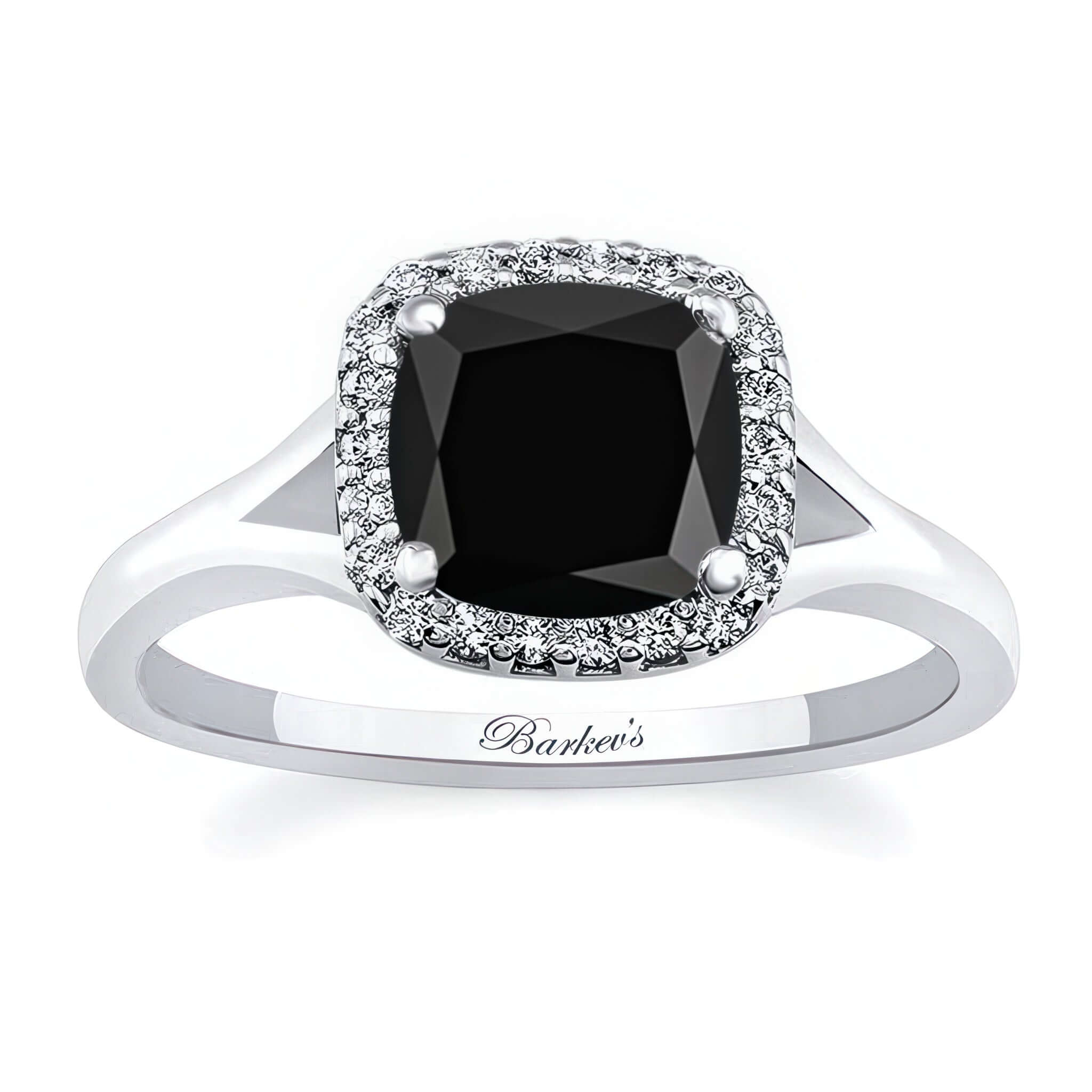 Cushion Black And White Diamond Halo Ring featuring a black cushion cut center stone and a diamond halo.