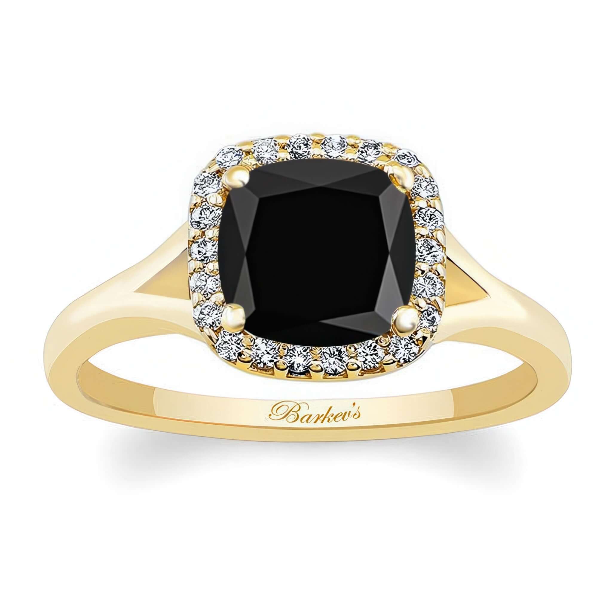 Cushion Black And White Diamond Halo Ring featuring a cushion cut center and shared prong set diamonds.
