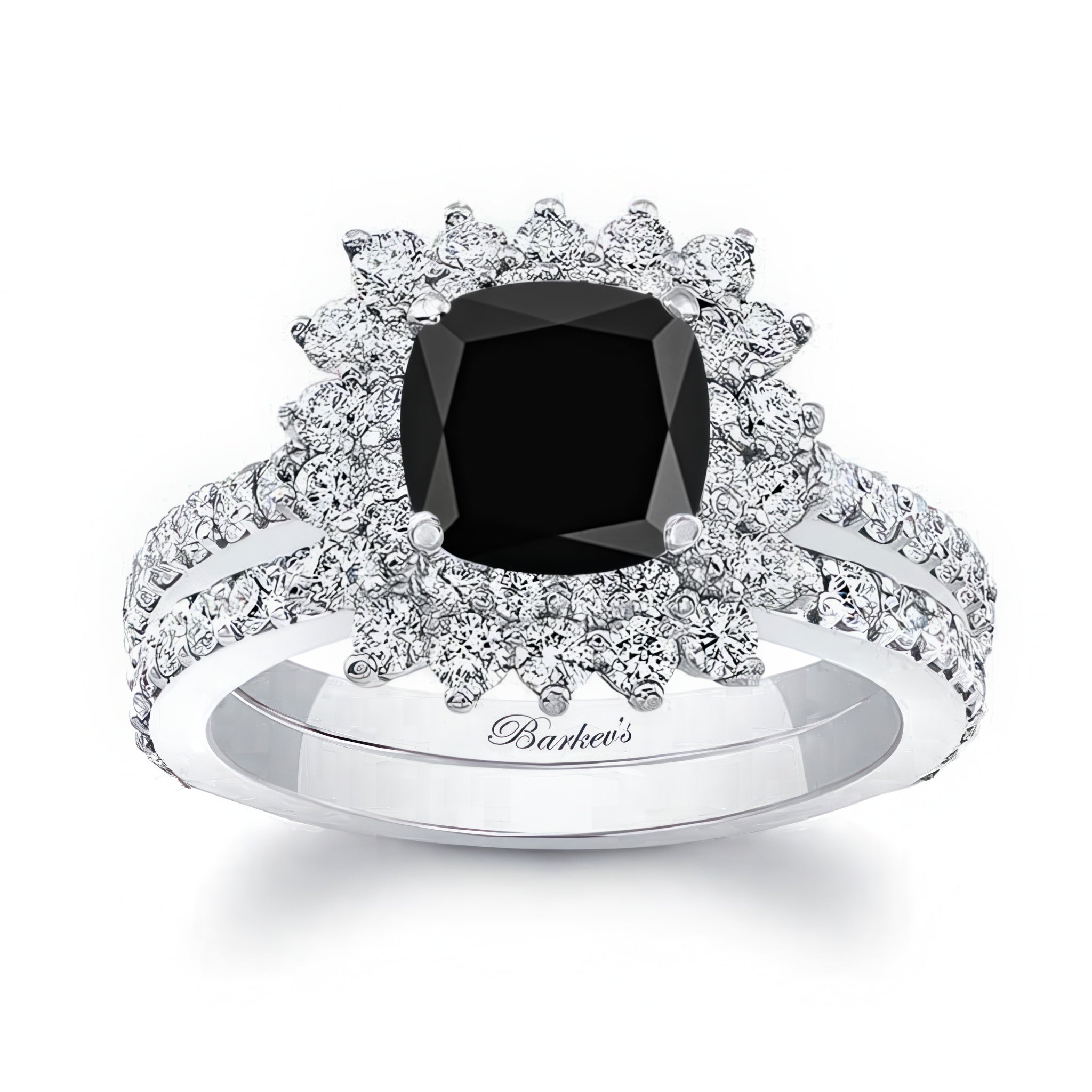 Starburst Black And White Diamond Wedding Ring Set featuring a cushion cut center diamond and starburst design.