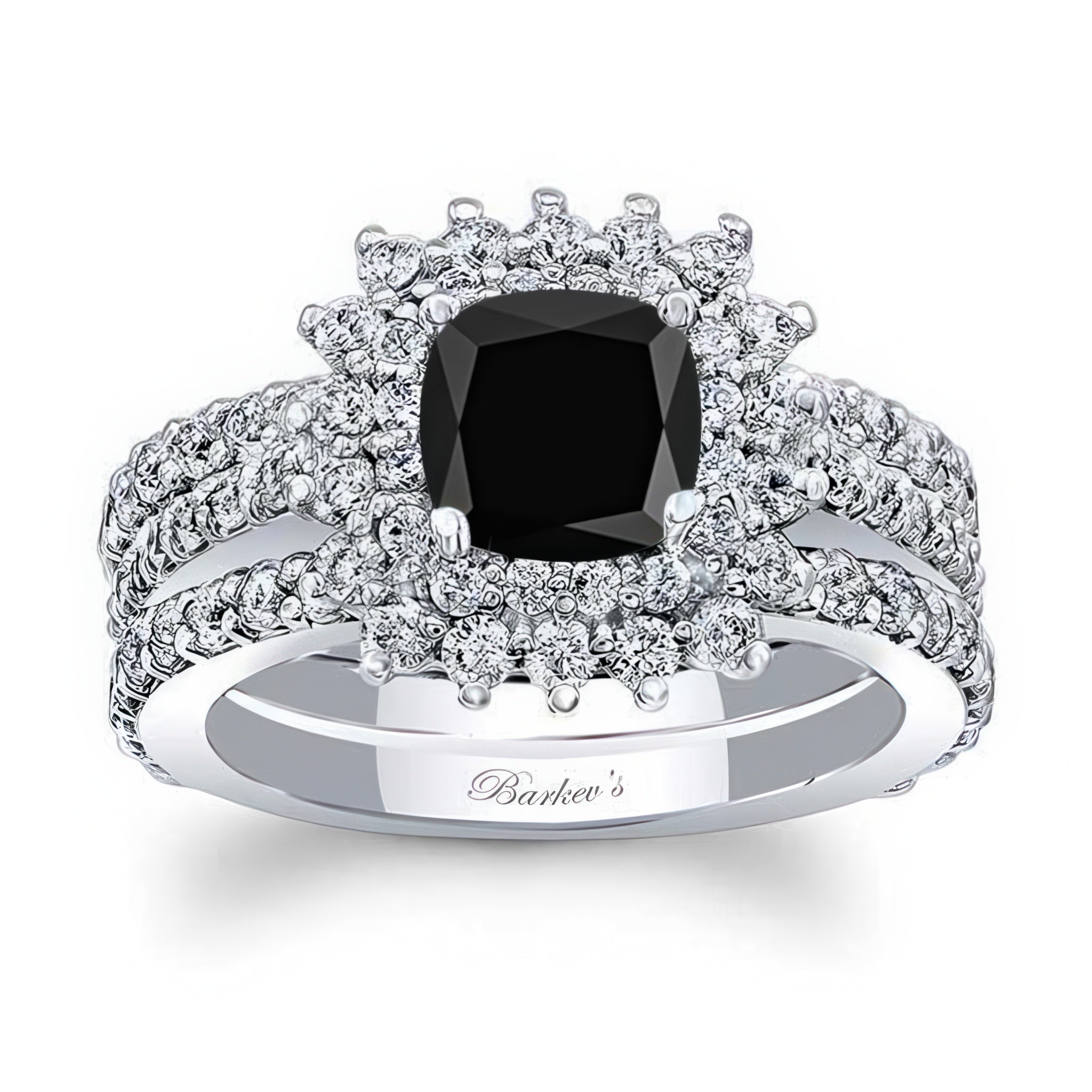 Starburst Black And White Diamond Wedding Ring Set With 2 Bands featuring a prong set cushion cut center.