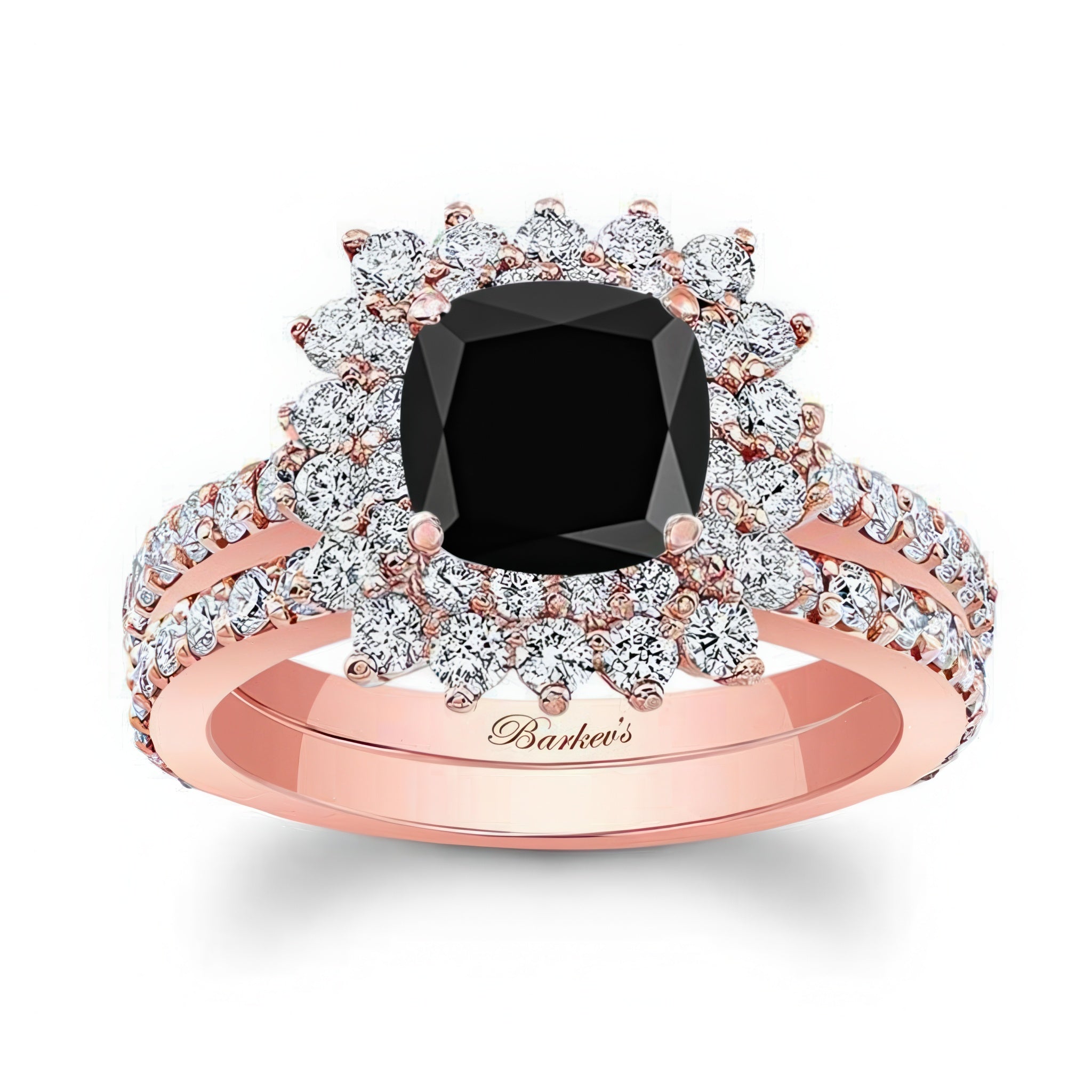 Starburst Black And White Diamond Wedding Ring Set featuring a cushion cut center in a starburst design.