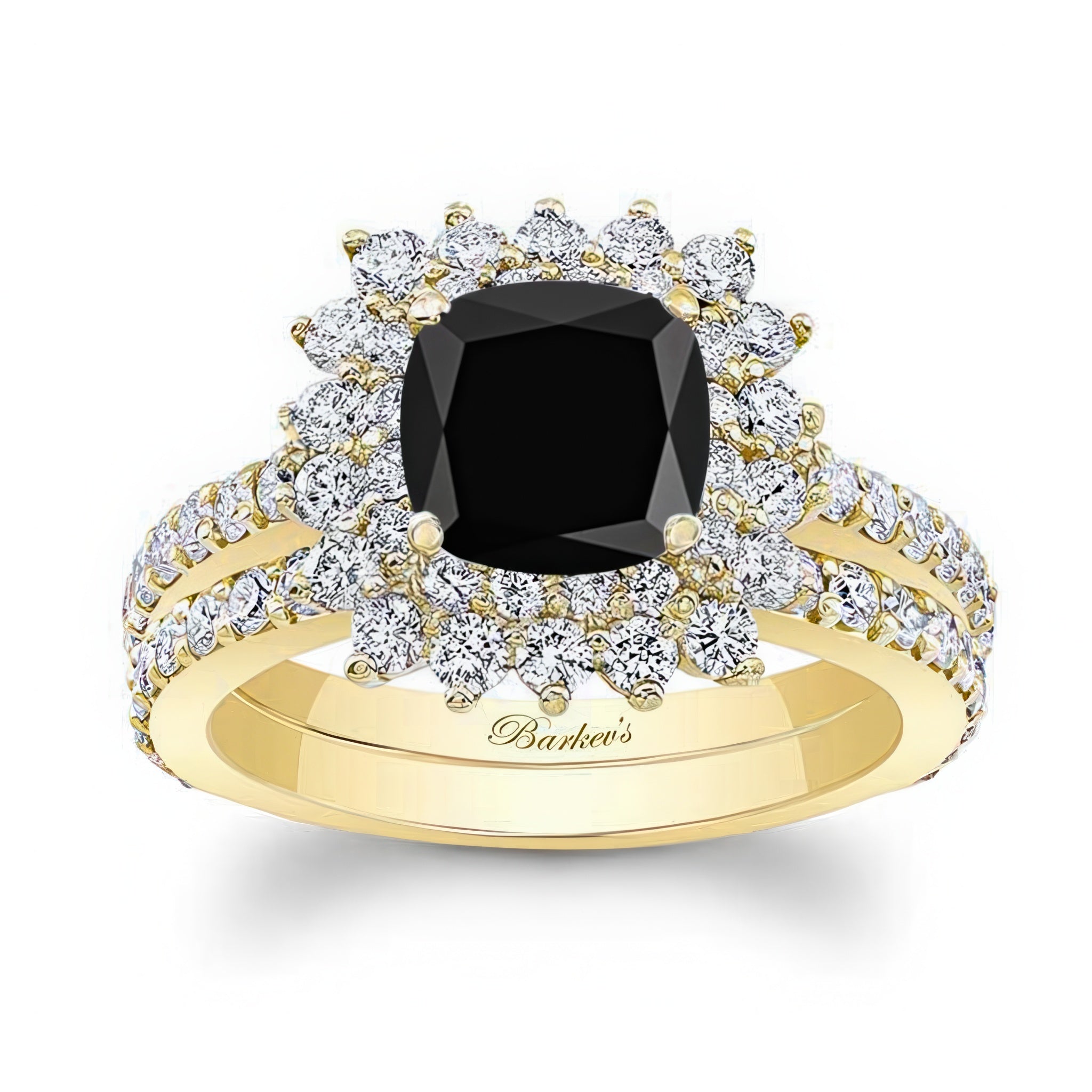 Starburst Black And White Diamond Wedding Ring Set featuring a cushion cut center and diamond starburst design.