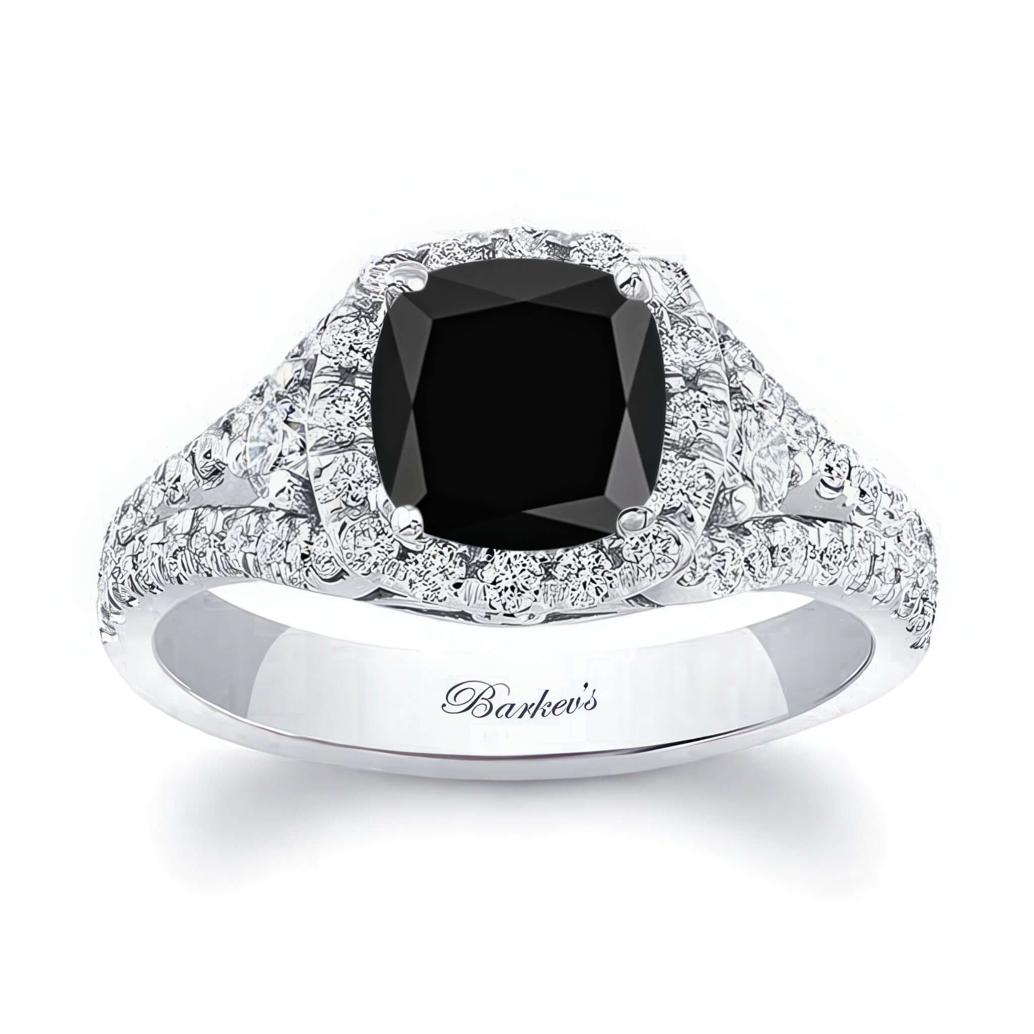 1.5 Carat Cushion Cut Black And White Diamond Ring featuring a black cushion cut center and diamond-adorned shank.