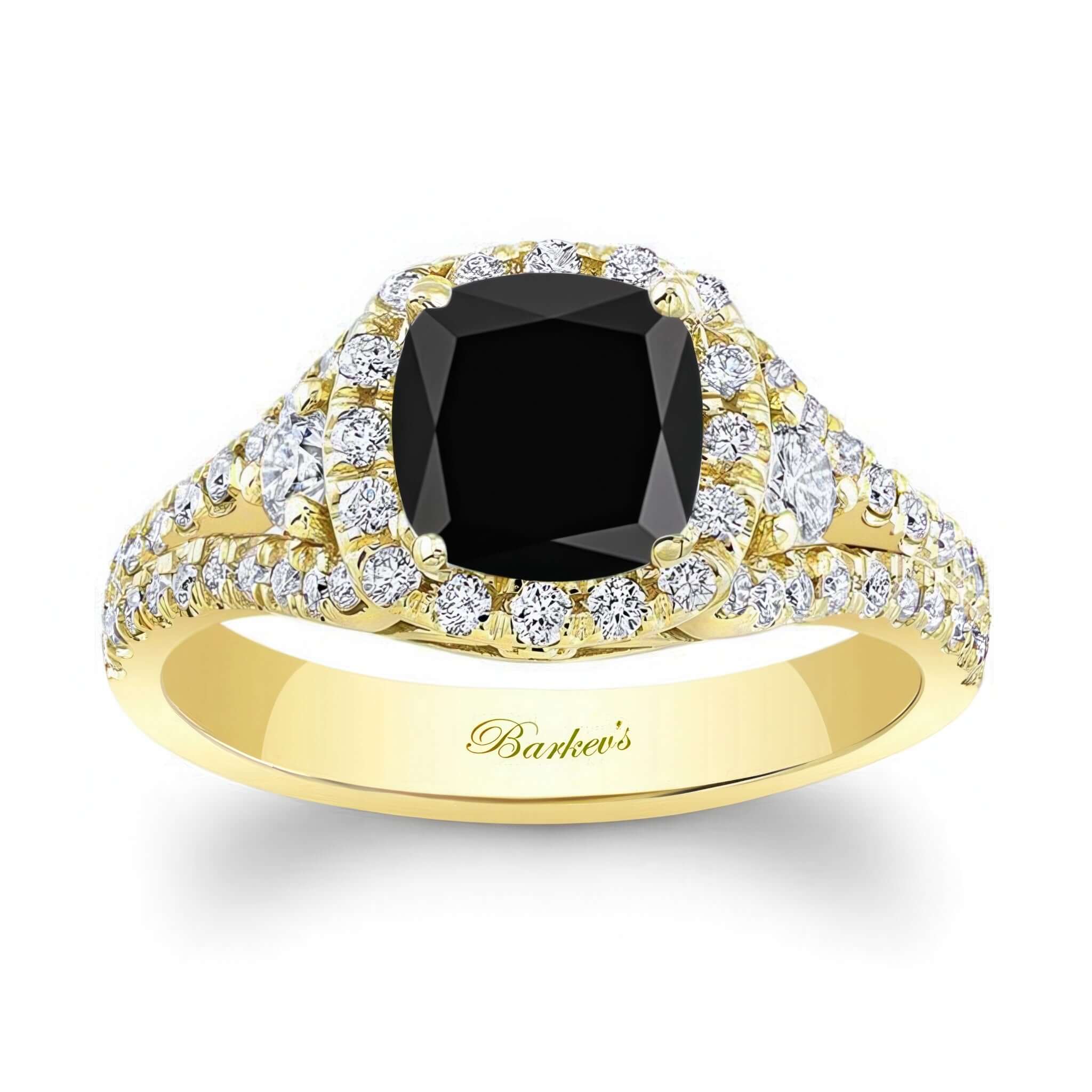 1.5 Carat Cushion Cut Black And White Diamond Ring featuring a black cushion cut center and diamond accents on a gold band.