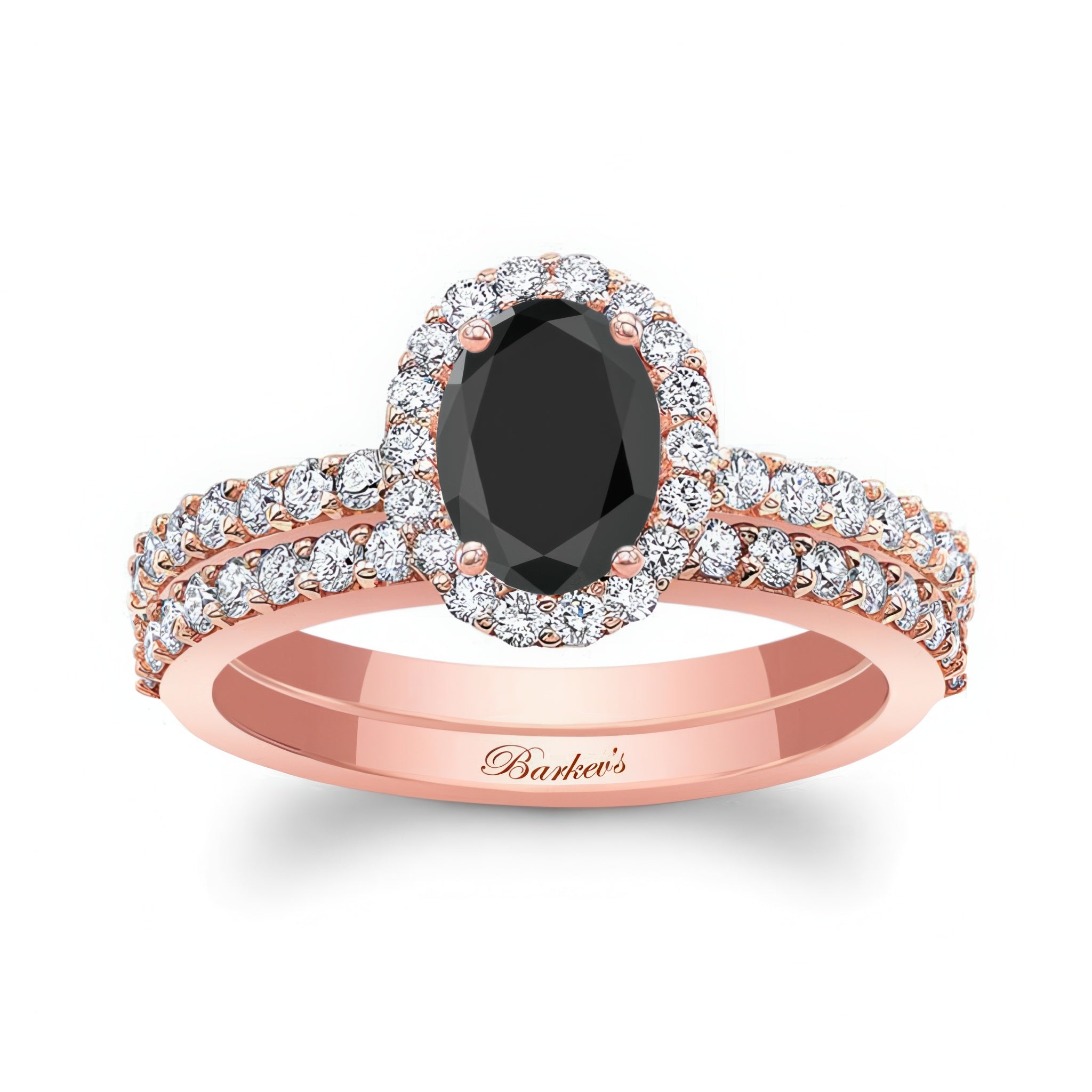 Oval Black And White Diamond Halo Wedding Set showcasing a classic engagement ring with a black diamond center.