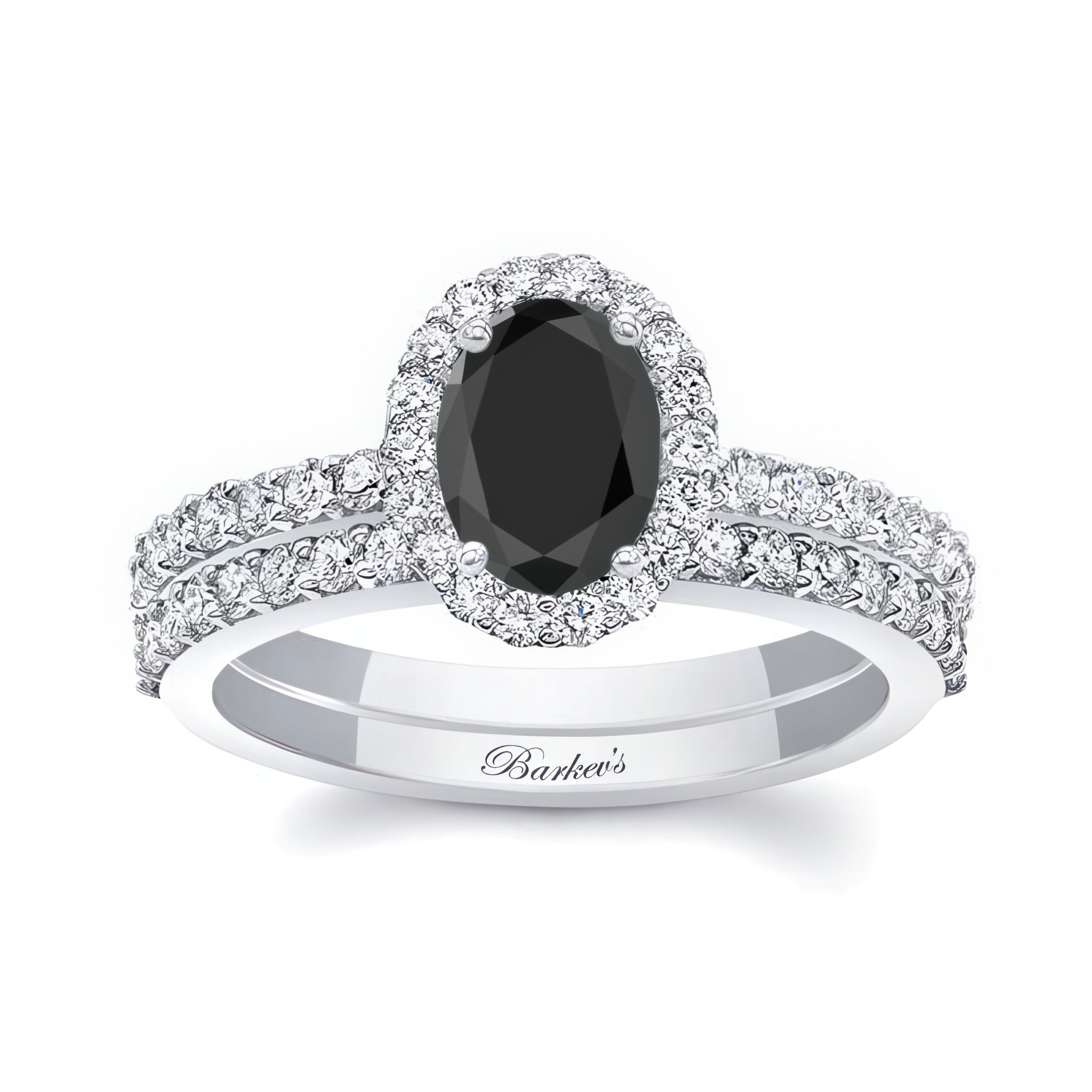 Oval Black And White Diamond Halo Wedding Set featuring an oval black center diamond and sparkling halo.
