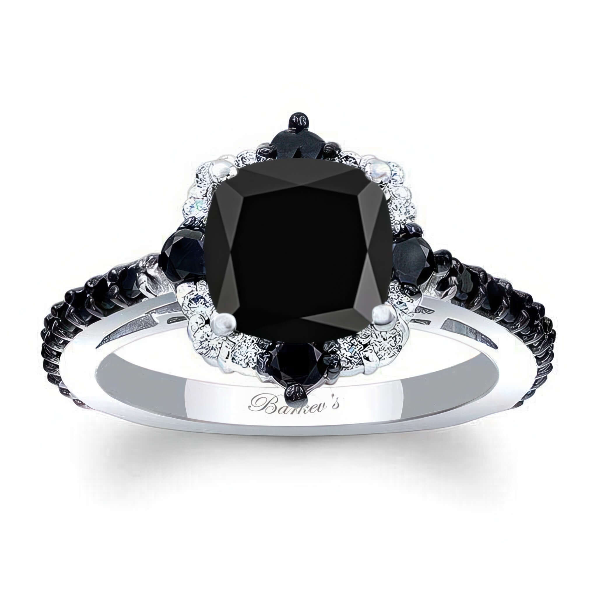 Halo Cushion Cut Black Diamond Ring with prong set center and cascading black diamond melees.