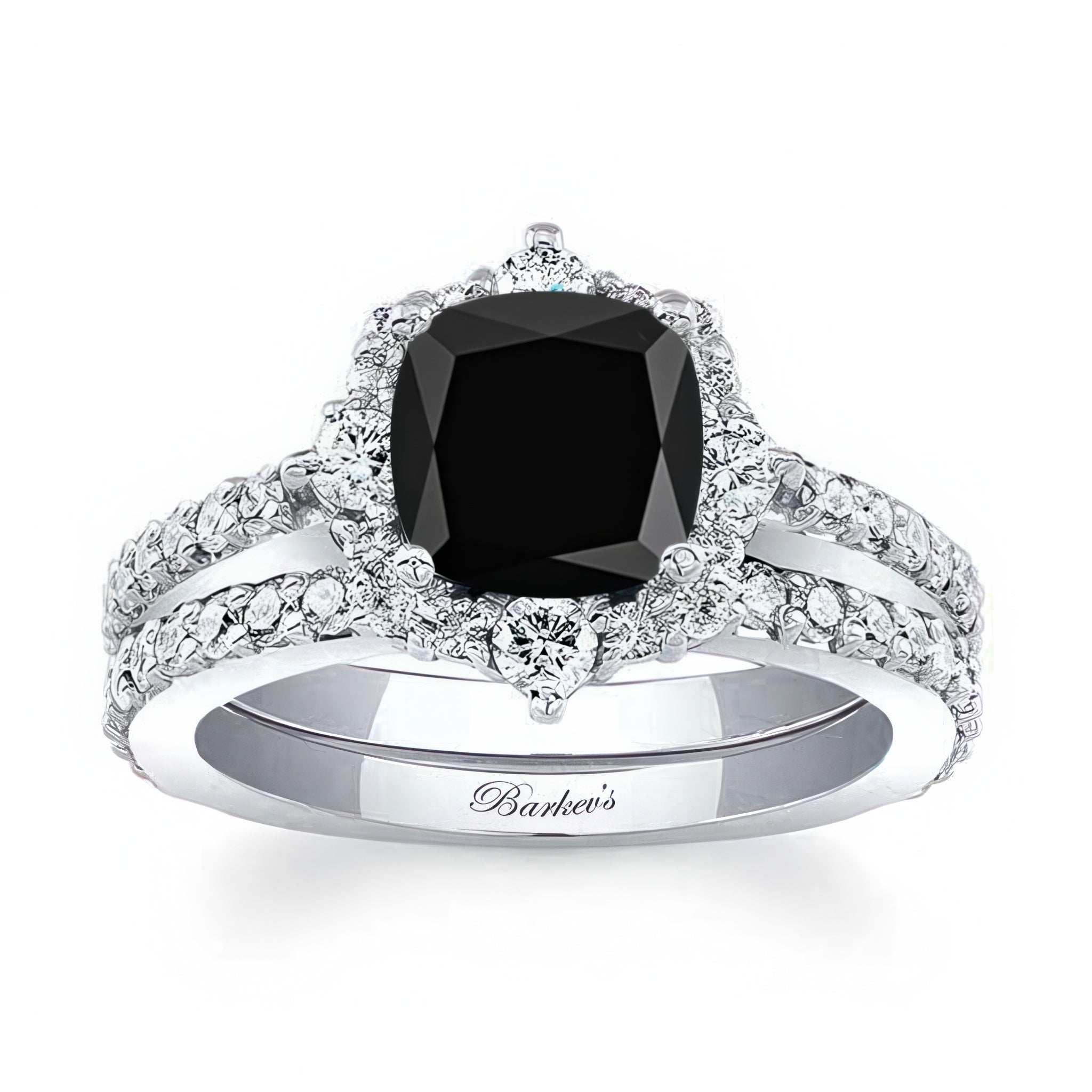 Halo Cushion Cut Black And White Diamond Wedding Ring Set featuring a black cushion diamond with a matching wedding band.