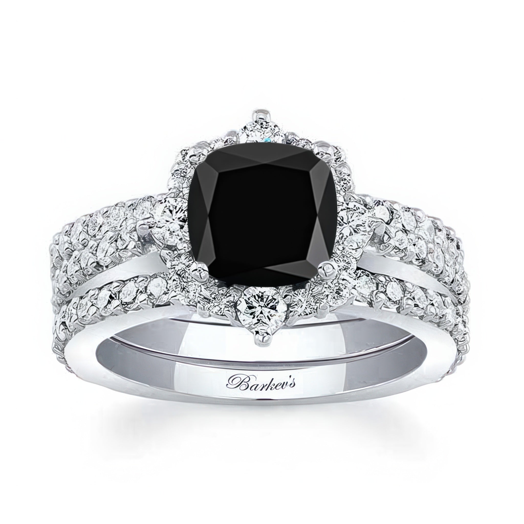 Halo Cushion Cut Black And White Diamond wedding Ring Set With 2 Bands featuring a black center diamond and matching bands.