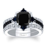 Halo Cushion Cut Black Diamond wedding Ring Set With 2 Bands