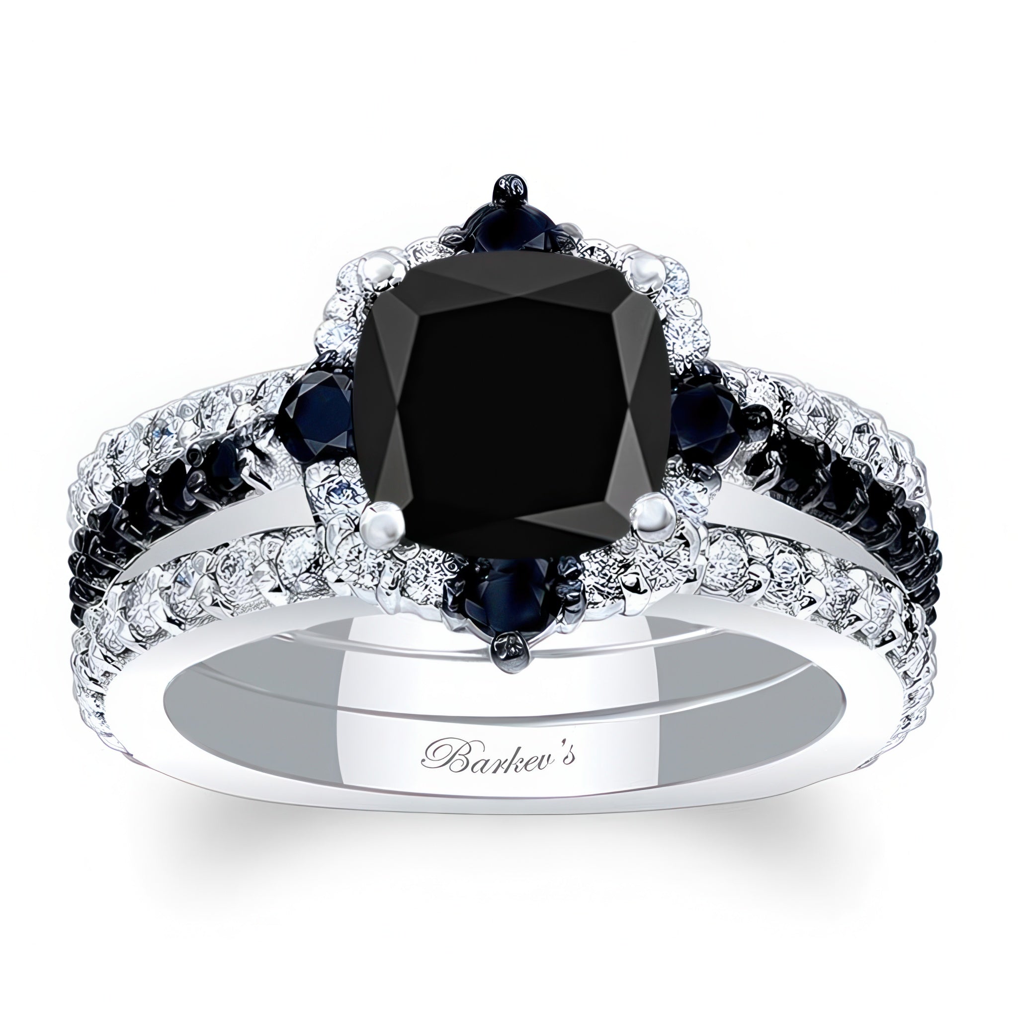 Halo Cushion Cut Black Diamond wedding Ring Set With 2 Bands featuring a striking cushion center and matching bands.