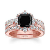 Halo Cushion Cut Black And White Diamond wedding Ring Set With 2 Bands