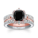 Halo Cushion Cut Black And White Diamond wedding Ring Set With 2 Bands