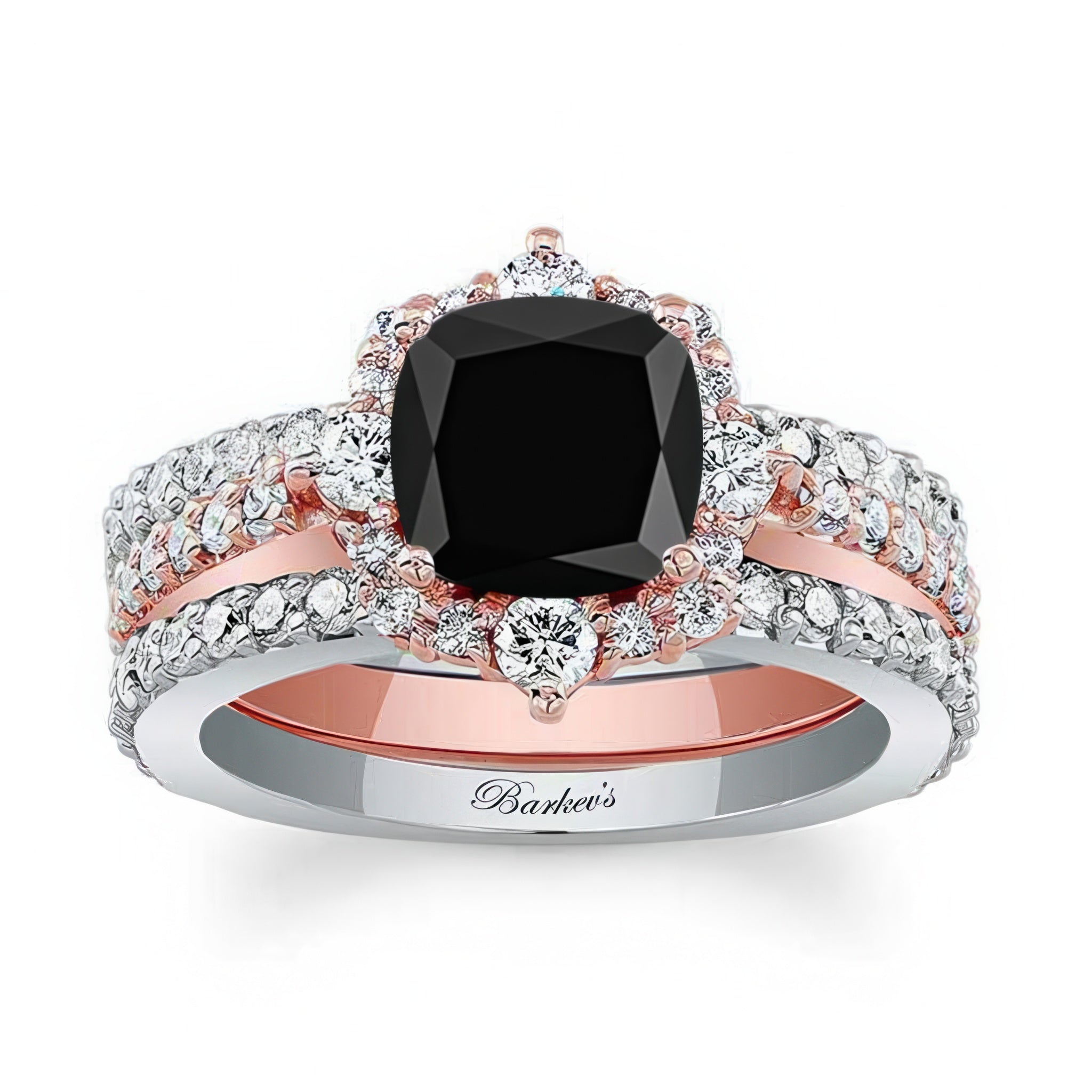 Halo Cushion Cut Black And White Diamond wedding Ring Set With 2 Bands featuring a black center stone and elegant bands.