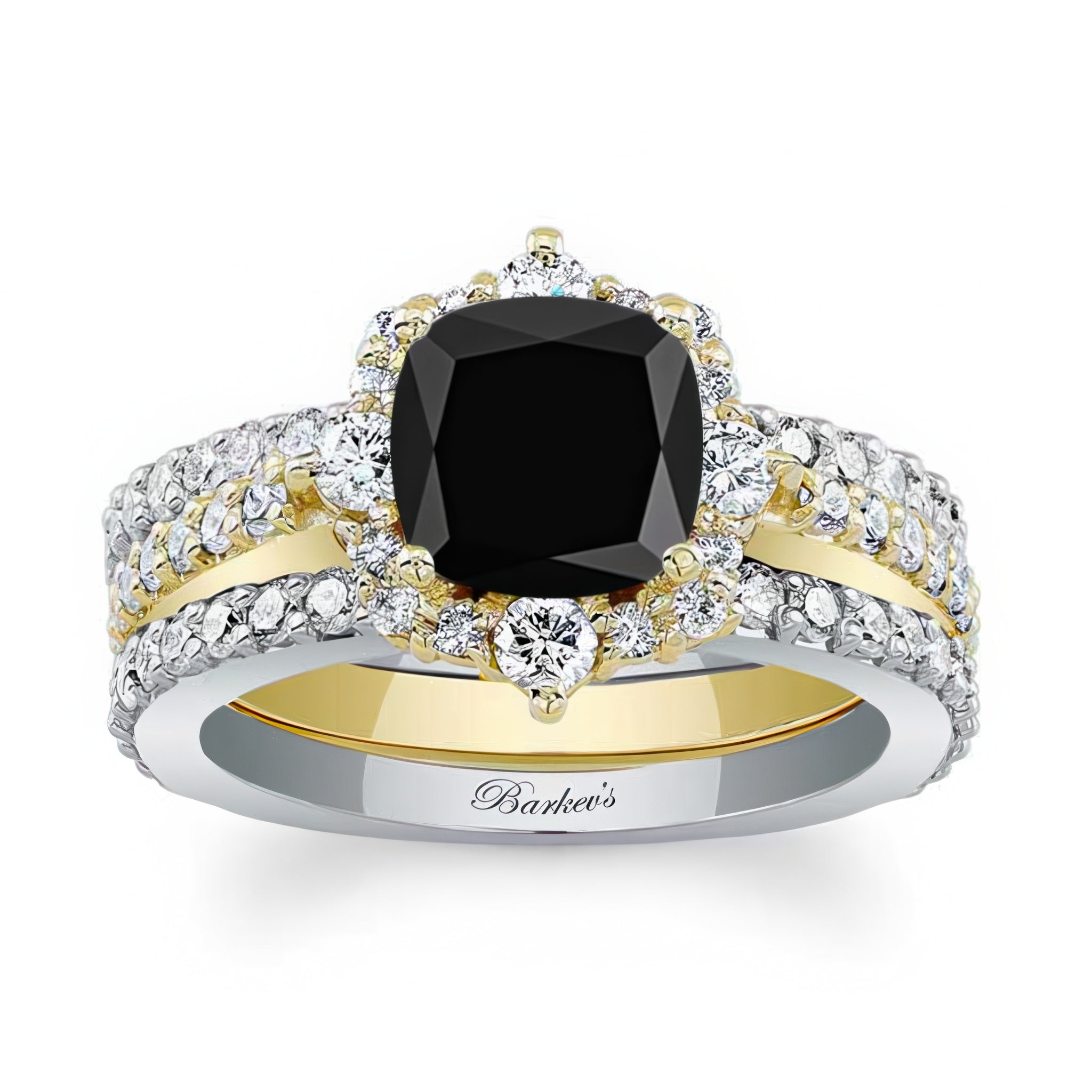 Halo Cushion Cut Black And White Diamond wedding Ring Set With 2 Bands featuring a black cushion center and diamond accents.