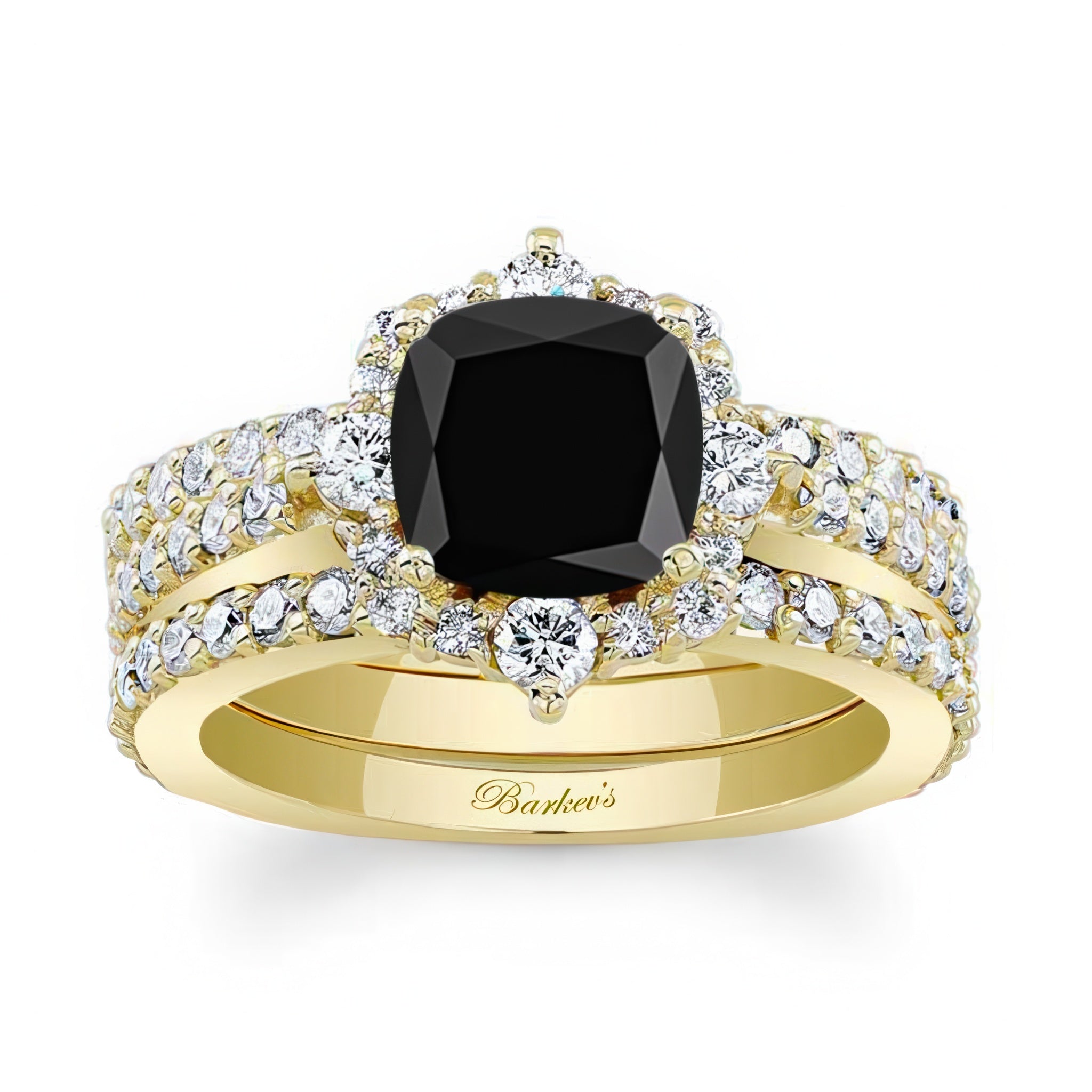 Halo Cushion Cut Black And White Diamond wedding Ring Set With 2 Bands featuring a black diamond and sparkling accents.