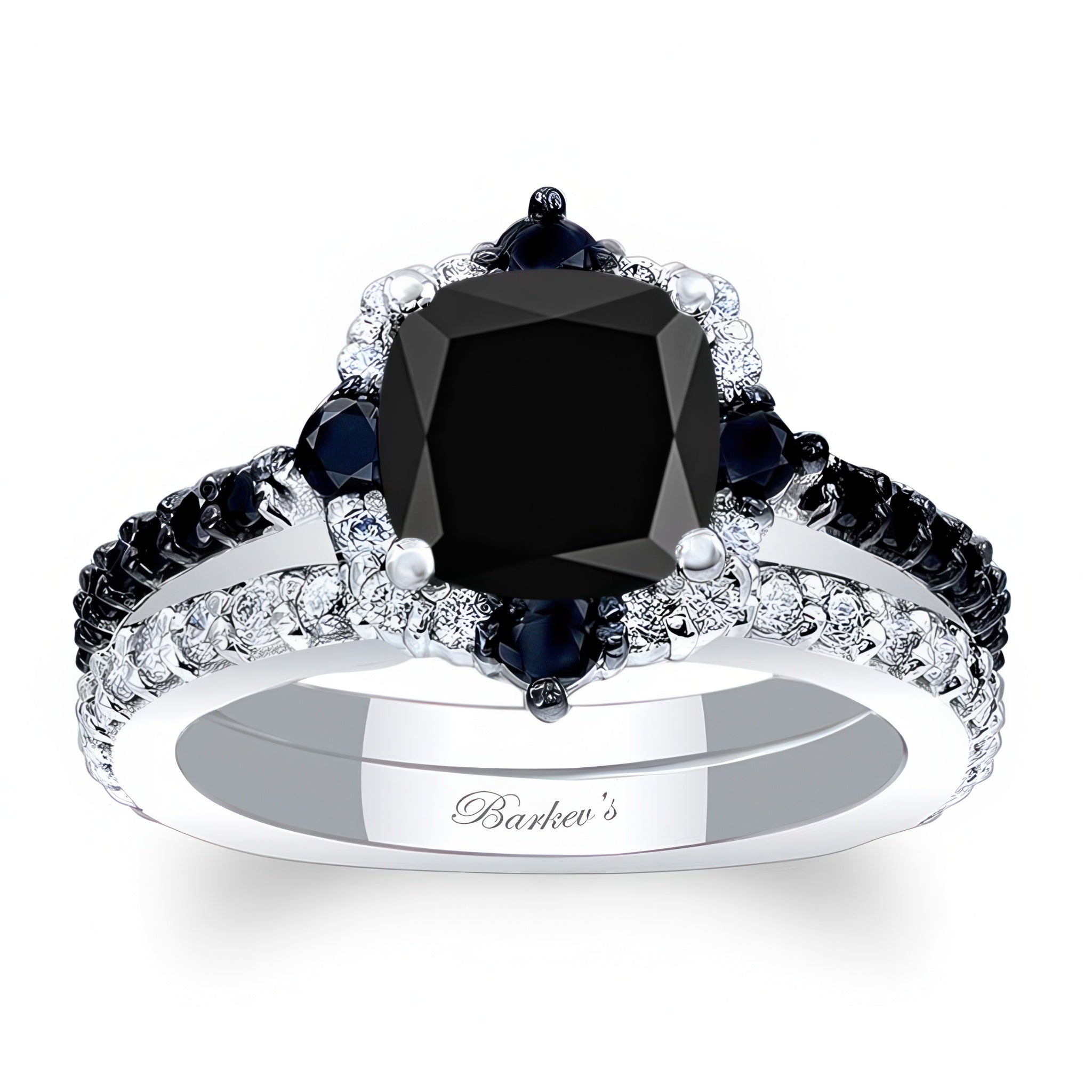 Halo Cushion Cut Black Diamond wedding Ring Set featuring a stunning cushion center and matching wedding band.