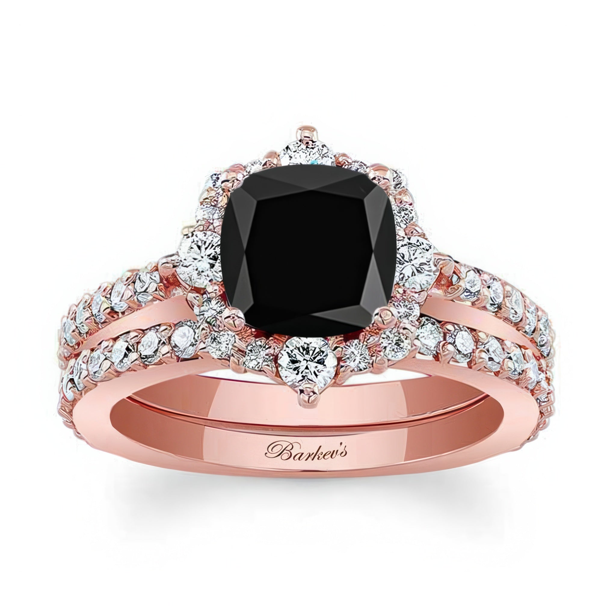 Halo Cushion Cut Black And White Diamond Wedding Ring Set