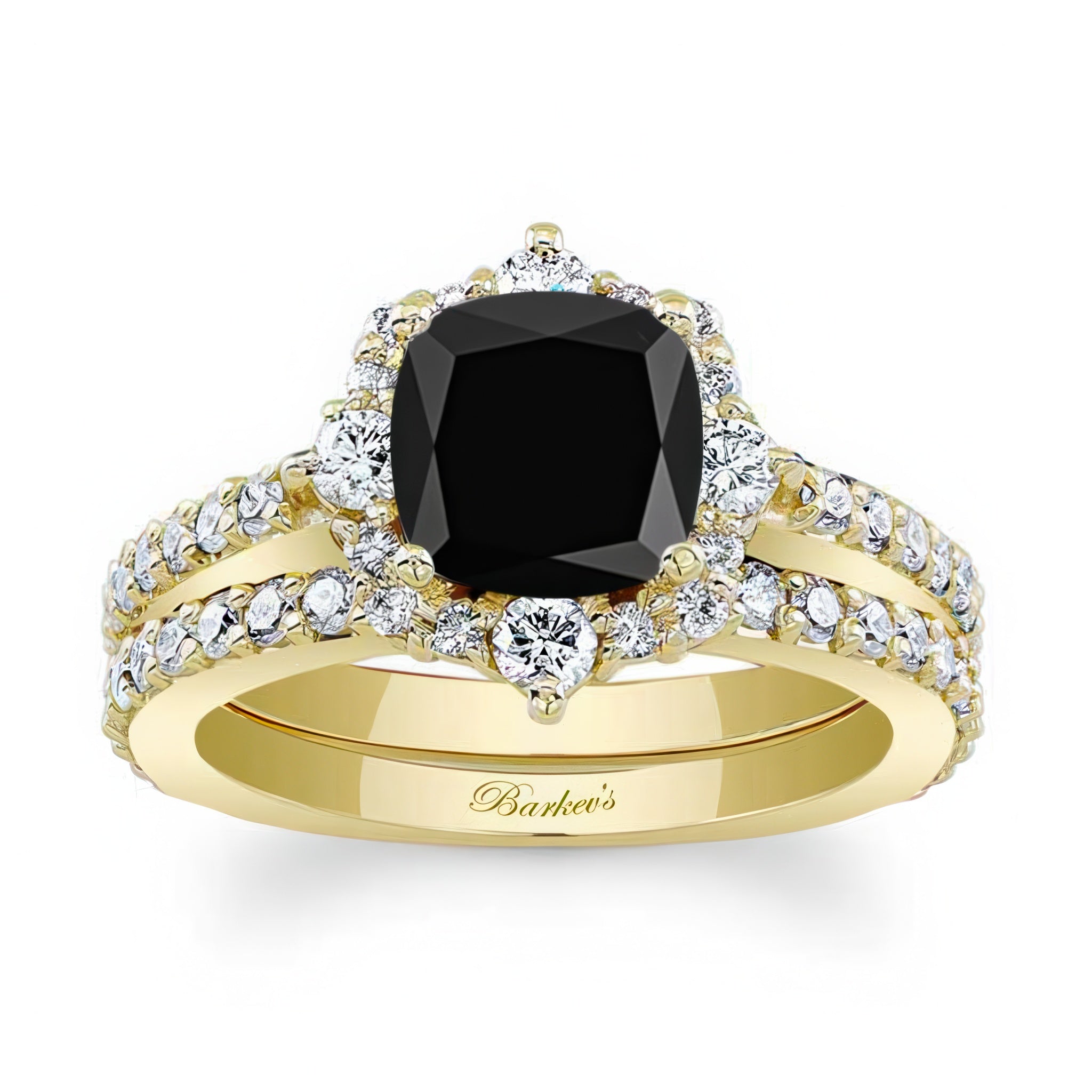Halo Cushion Cut Black And White Diamond Wedding Ring Set featuring a striking black diamond center and matching band.