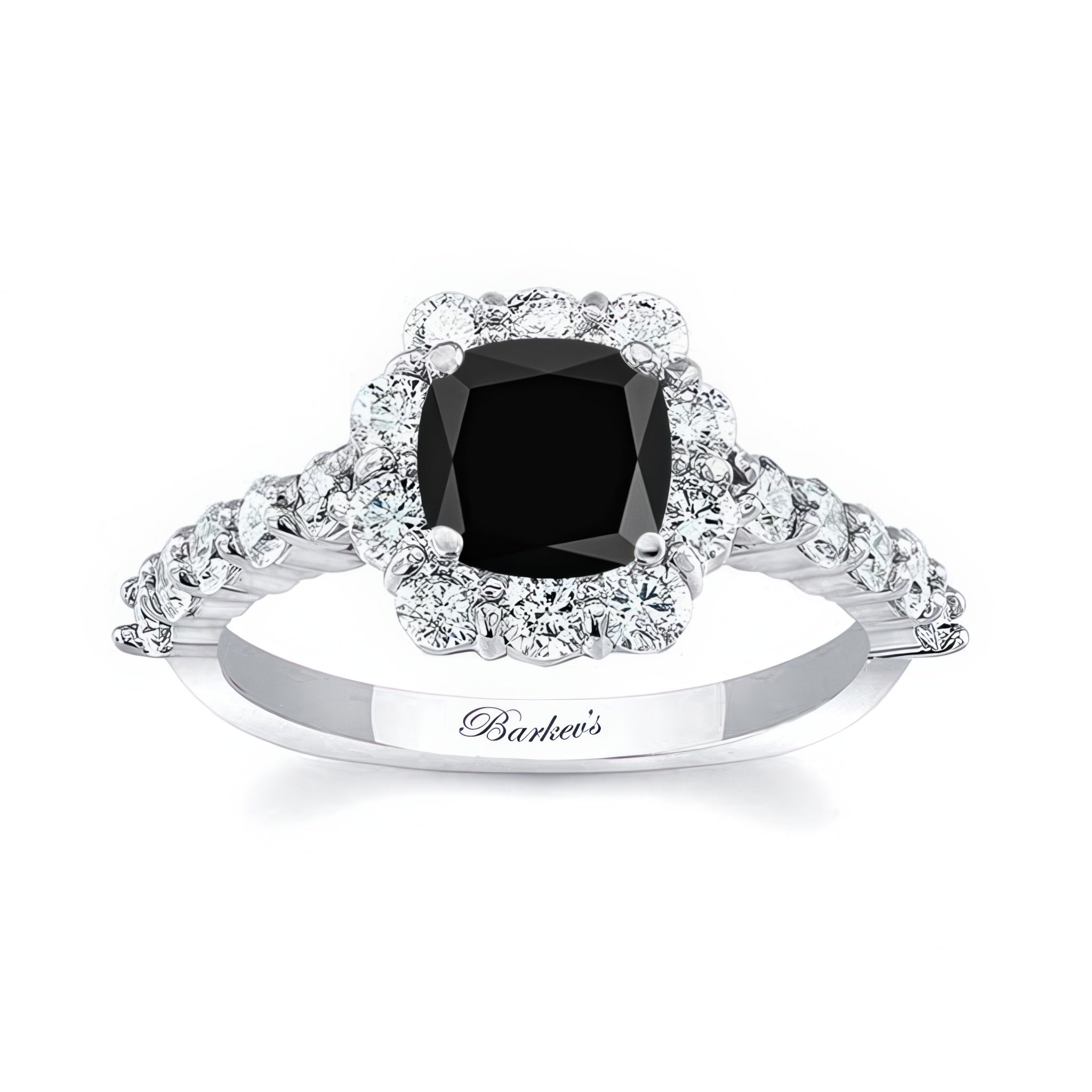 1 Carat Black And White Diamond Halo Ring with cushion cut center and diamond halo on a dainty shank.