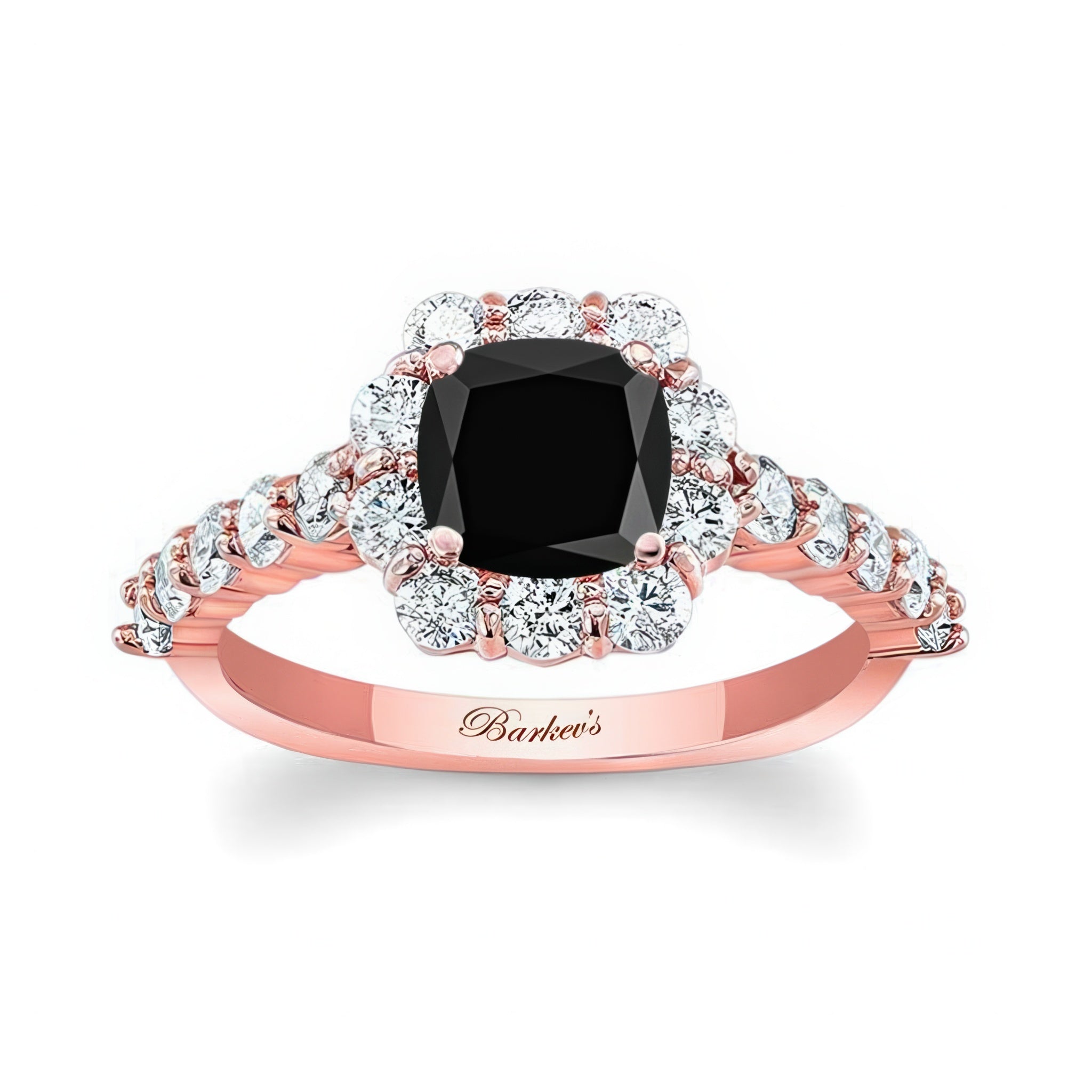 1 Carat Black And White Diamond Halo Ring features a cushion cut black diamond and sparkling halo.