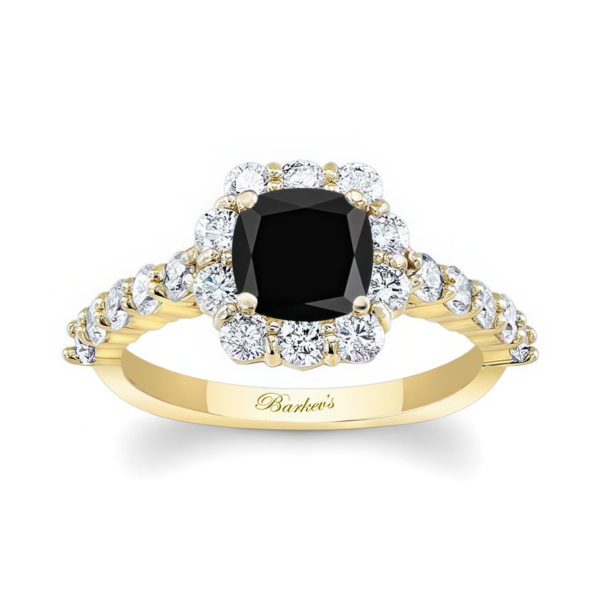 1 Carat Black And White Diamond Halo Ring with cushion cut center and halo of shared prong diamonds.