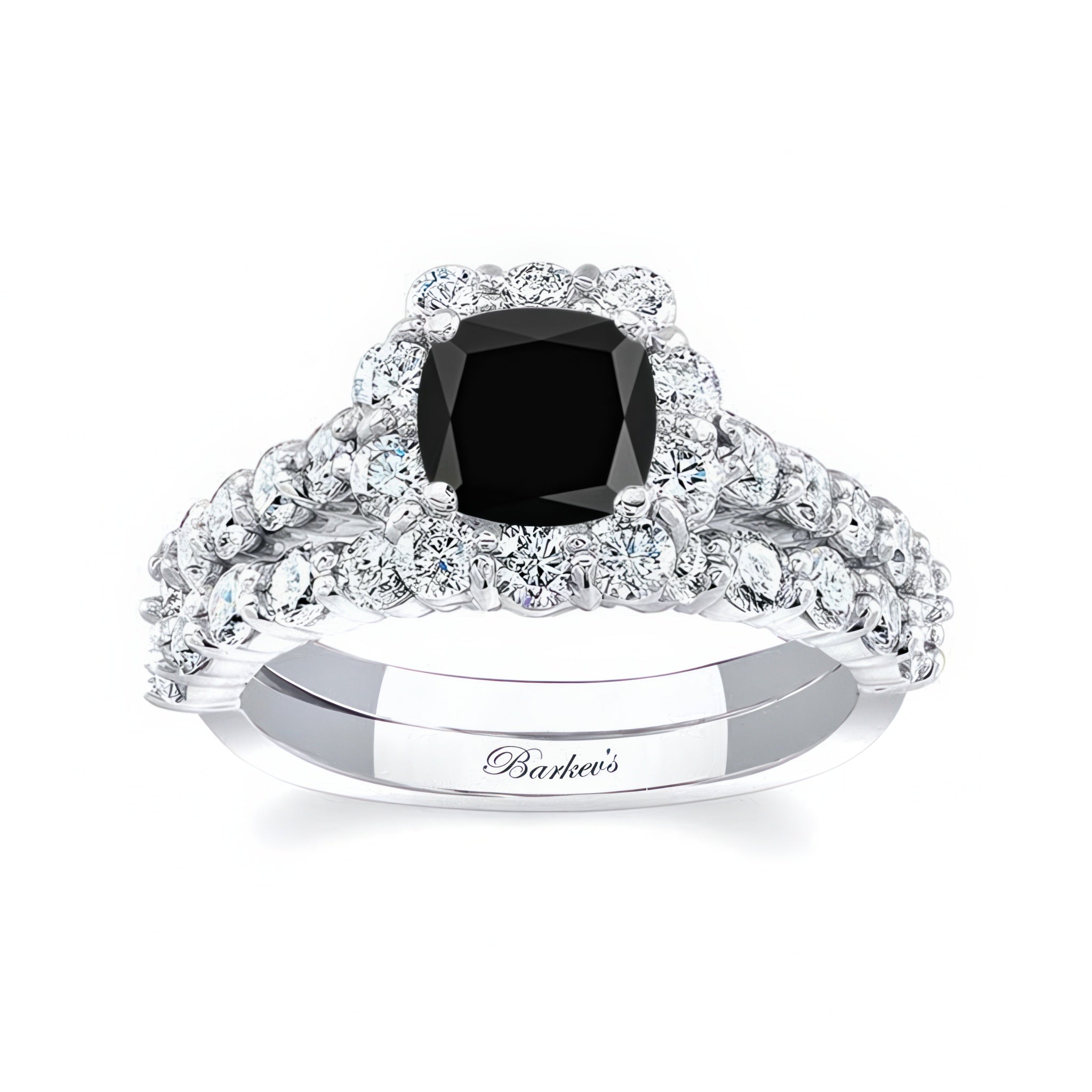 1 Carat Black And White Diamond Halo Ring Set featuring black cushion cut center and sparkling white diamonds.