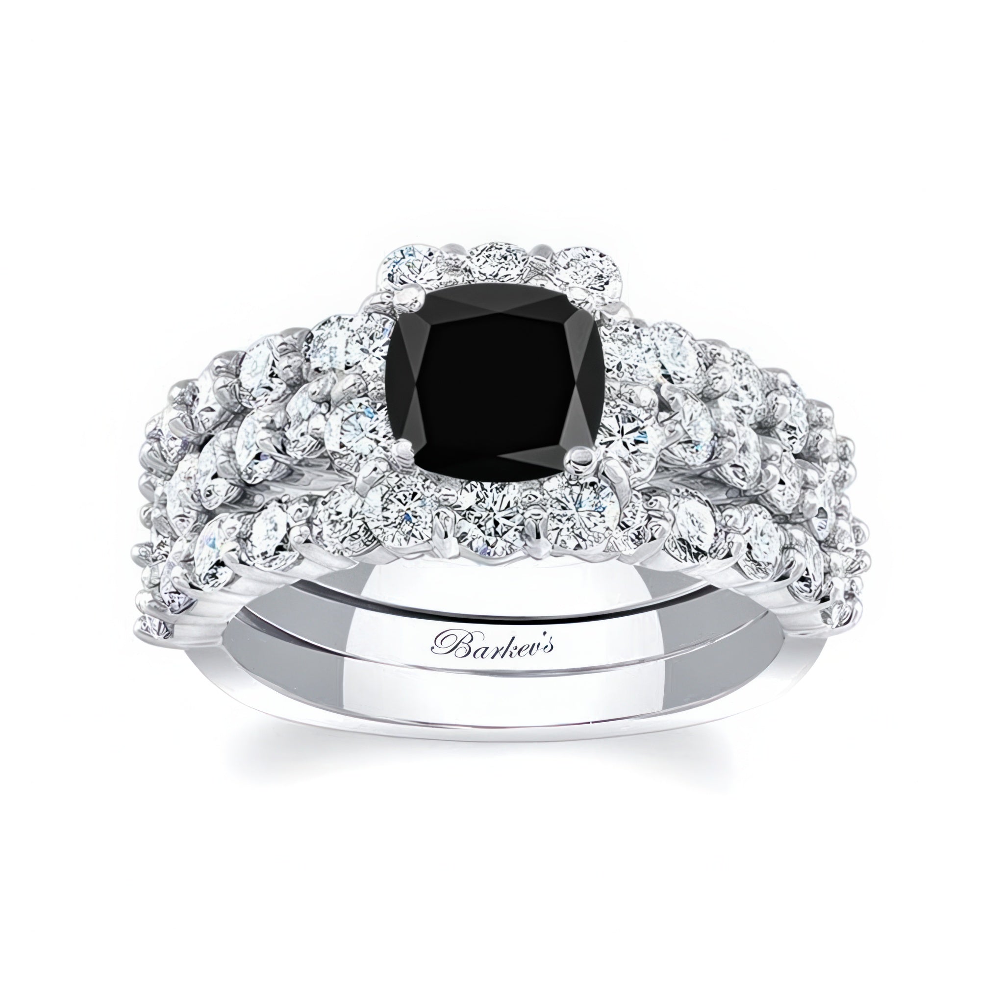1 Carat Black And White Diamond Halo Ring Set With 2 Bands featuring a black cushion cut center and sparkling diamonds.