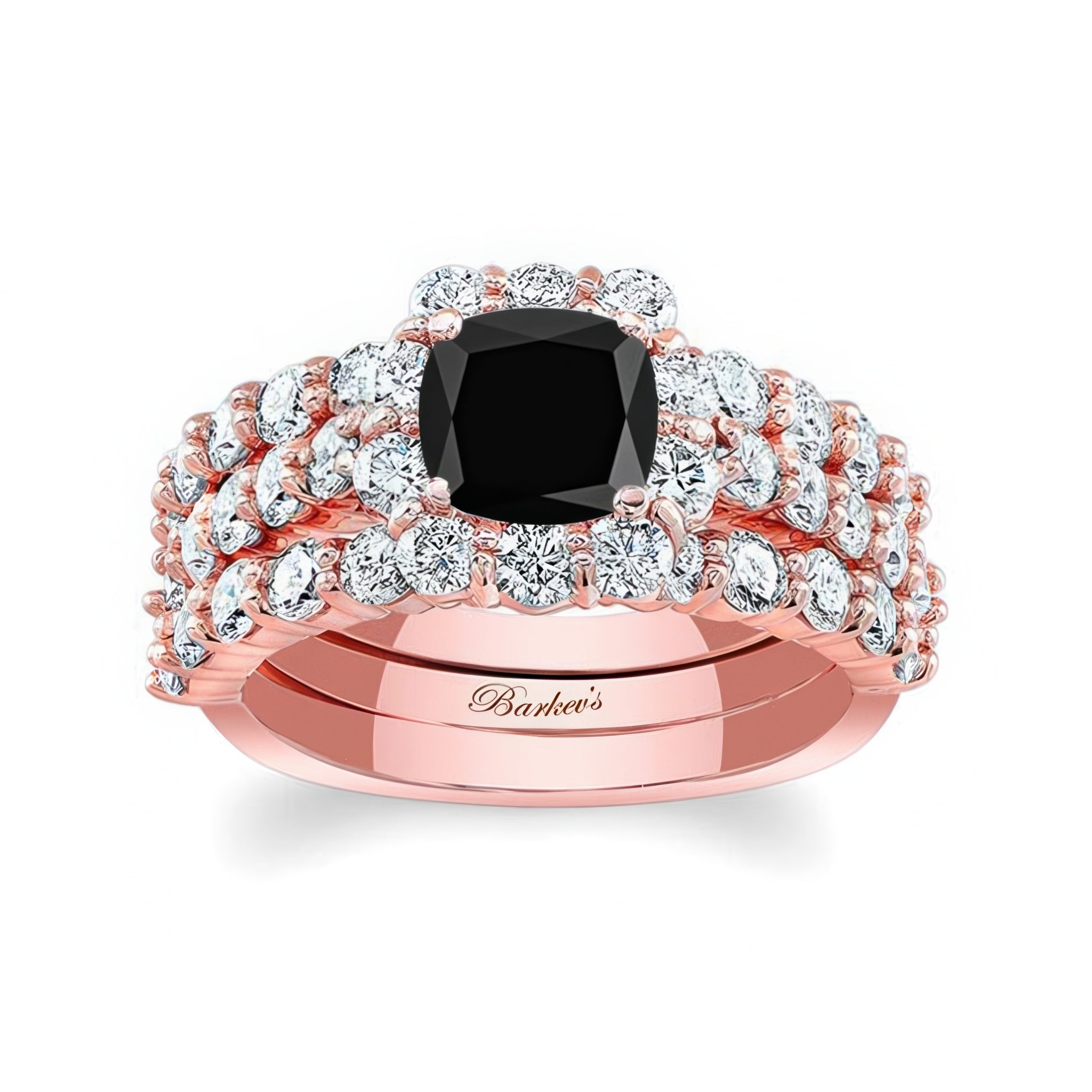 1 Carat Black And White Diamond Halo Ring Set With 2 Bands featuring a cushion cut black diamond and sparkling white diamonds.