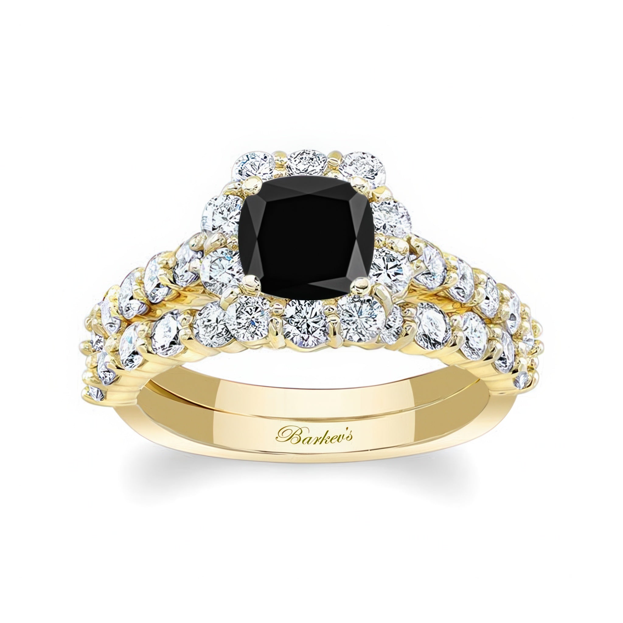 1 Carat Black And White Diamond Halo Ring Set featuring a black cushion cut center diamond and matching wedding band.