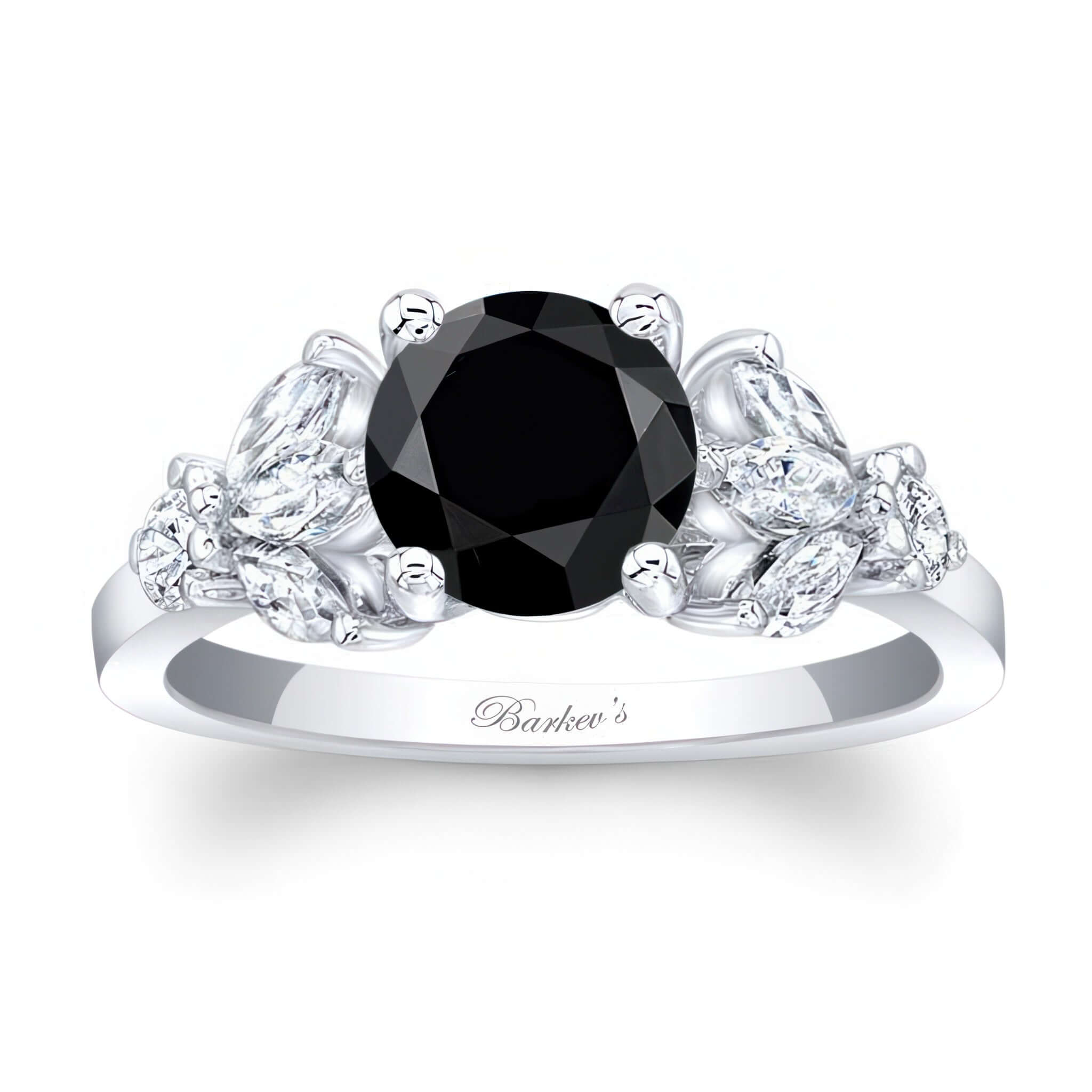 Marquise And Round Black And White Diamond Ring featuring a black center stone and elegant diamond embellishments.