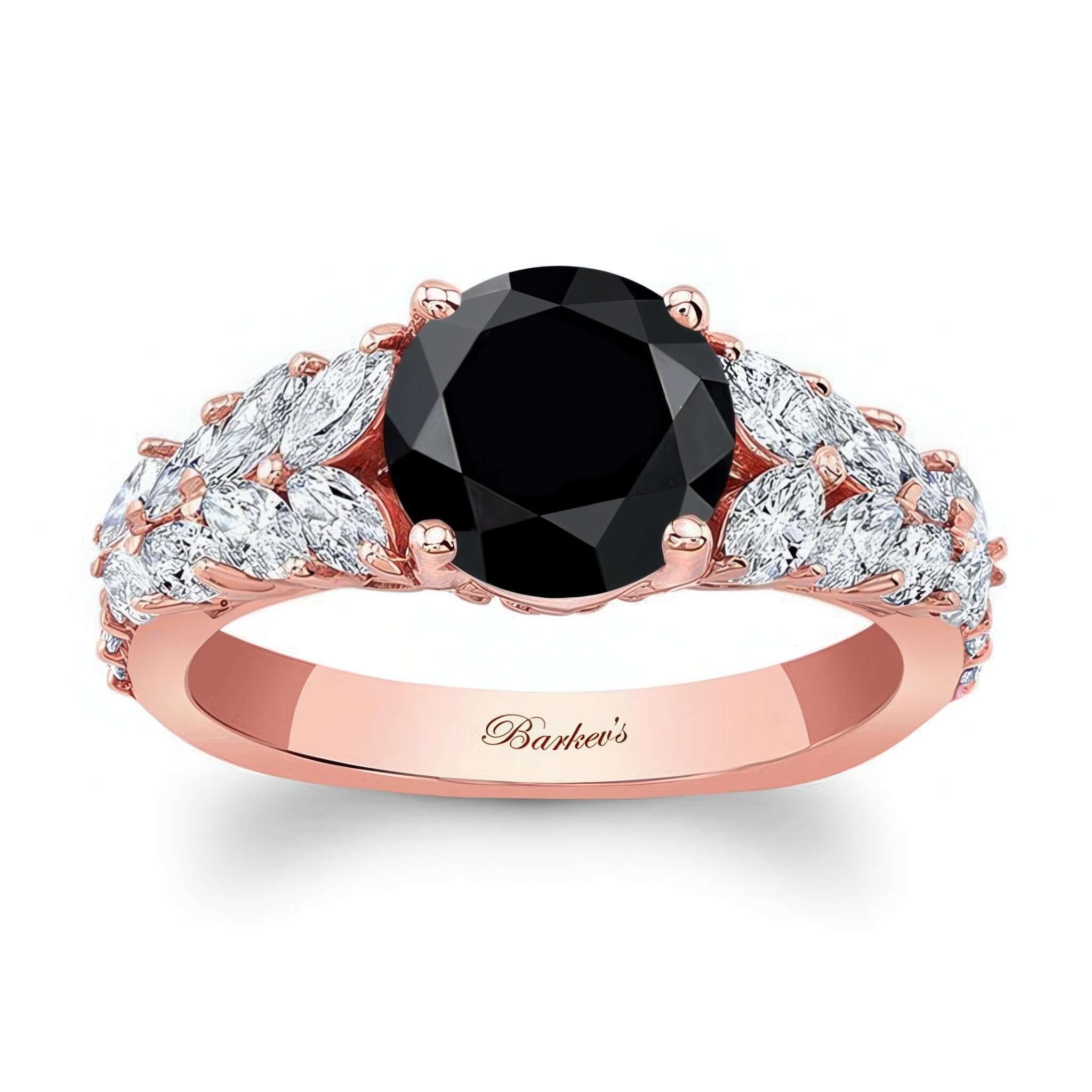 2 Carat Round Black And White Diamond Engagement Ring featuring a black center diamond and marquise diamonds on the band.