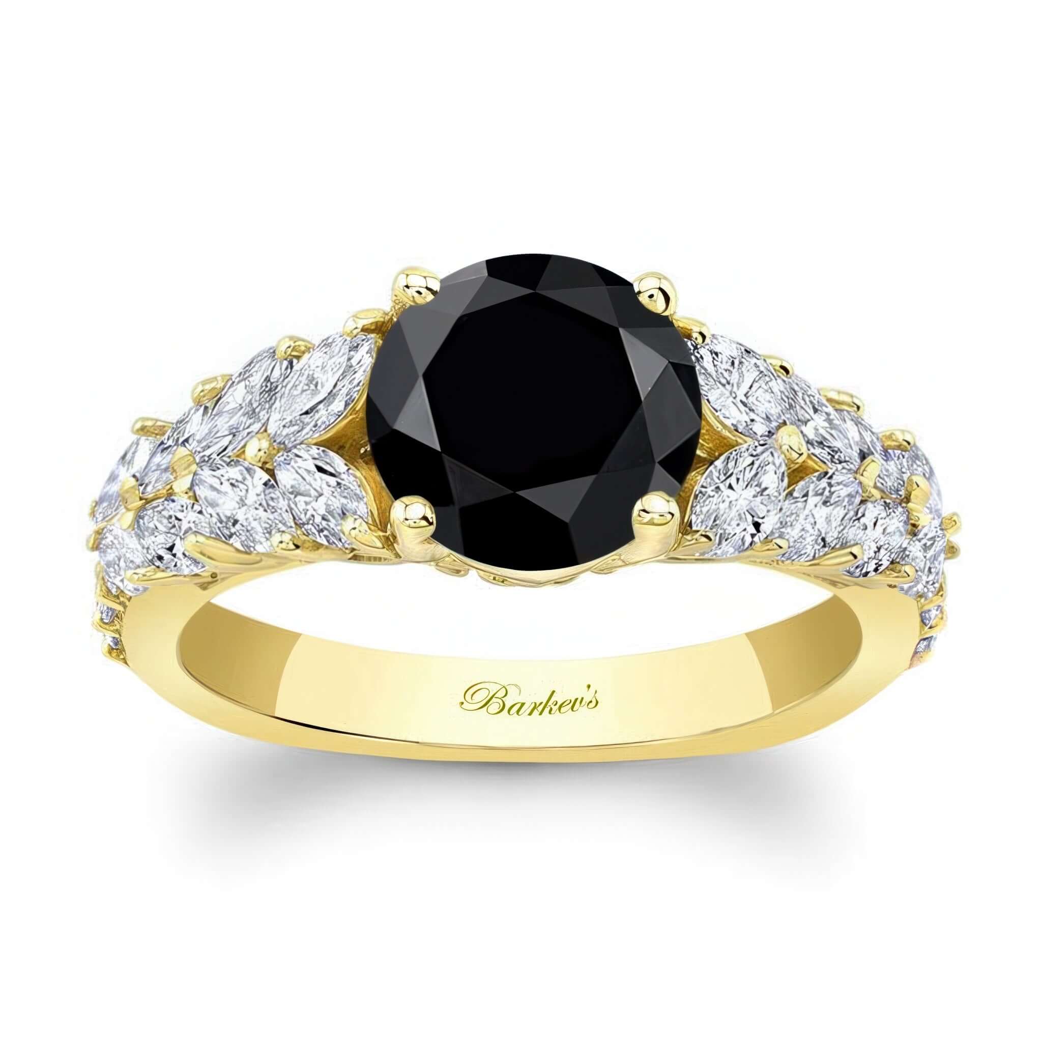 2 Carat Round Black And White Diamond Engagement Ring with black center diamond and marquise cut accents.